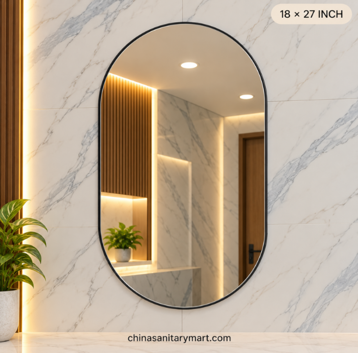 18x27 capsule shape mirror, black frame bathroom mirror, capsule vanity mirror, vertical black mirror, rounded capsule wall mirror, modern bathroom vanity mirror