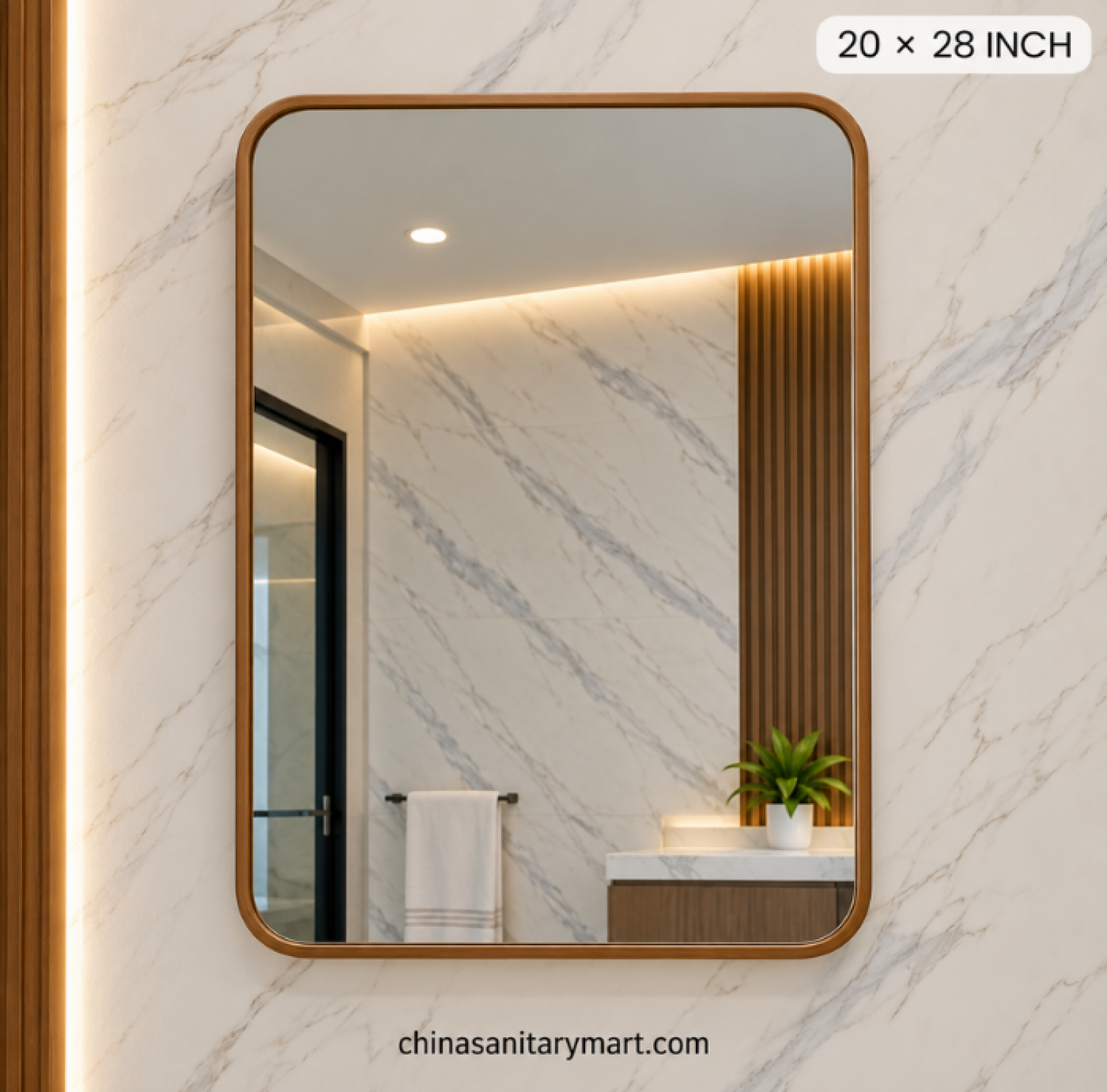 18x28 golden frame mirror, rectangle shape bathroom mirror, rounded corner golden mirror, golden vanity mirror, modern rectangular wall mirror, luxury bathroom mirror