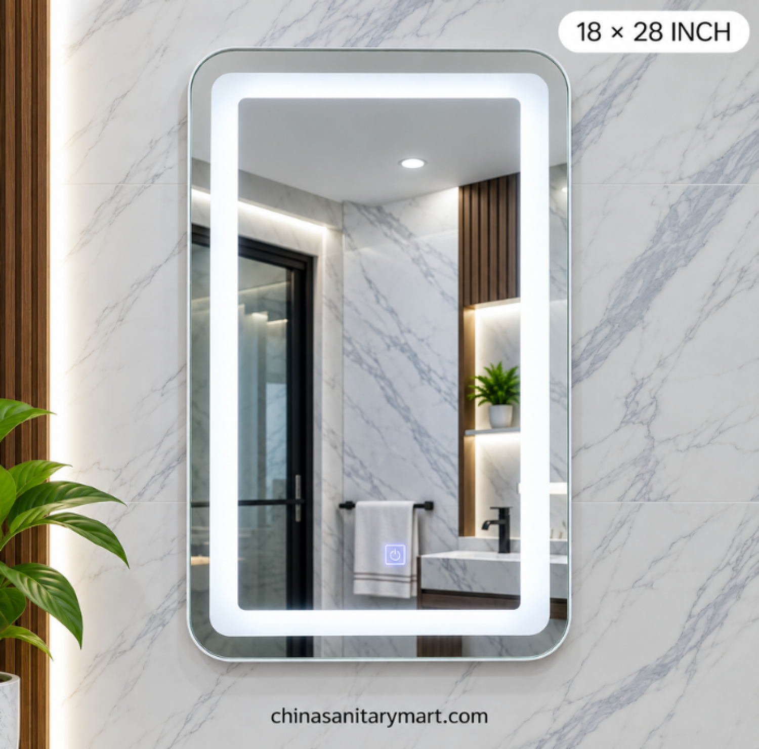 18x28 LED mirror, frosted inside silver frame mirror, rectangular LED bathroom mirror, silver vanity mirror, illuminated frosted mirror, modern bathroom LED mirror