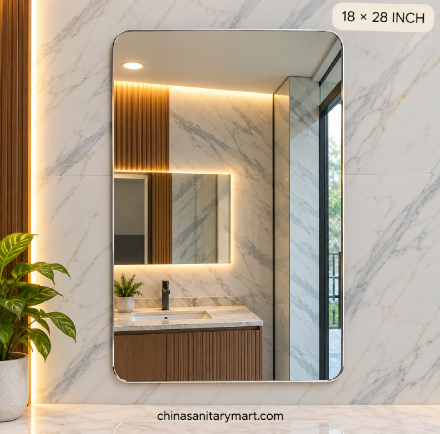 18x28 silver frame mirror, rectangular bathroom mirror, silver vanity mirror, rounded corner silver mirror, modern rectangle wall mirror, silver framed bathroom mirror