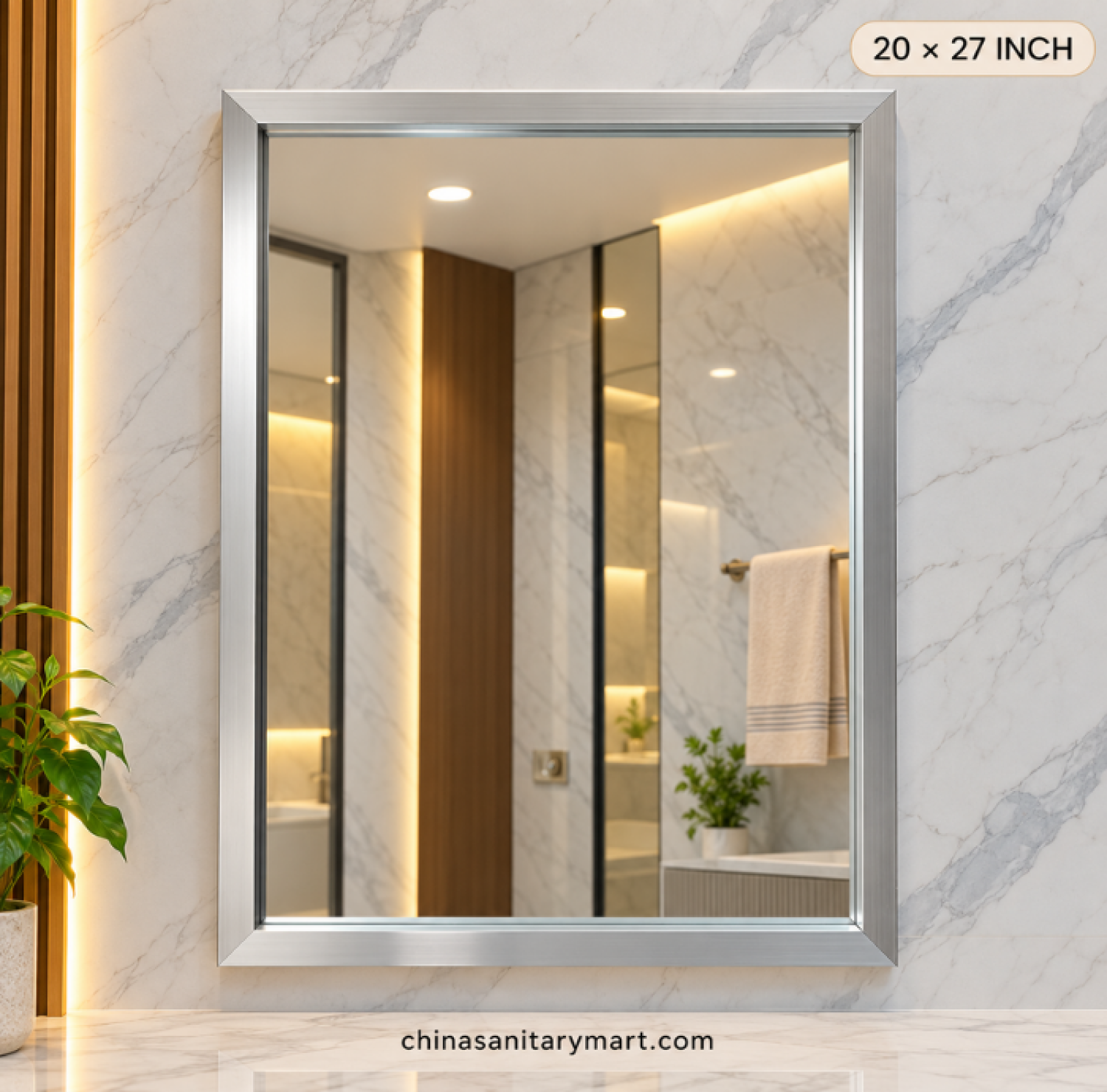 20x27 silver frame mirror, silver rectangle bathroom mirror, silver vanity mirror, rectangular wall mirror, silver framed bathroom mirror, decorative rectangle mirror