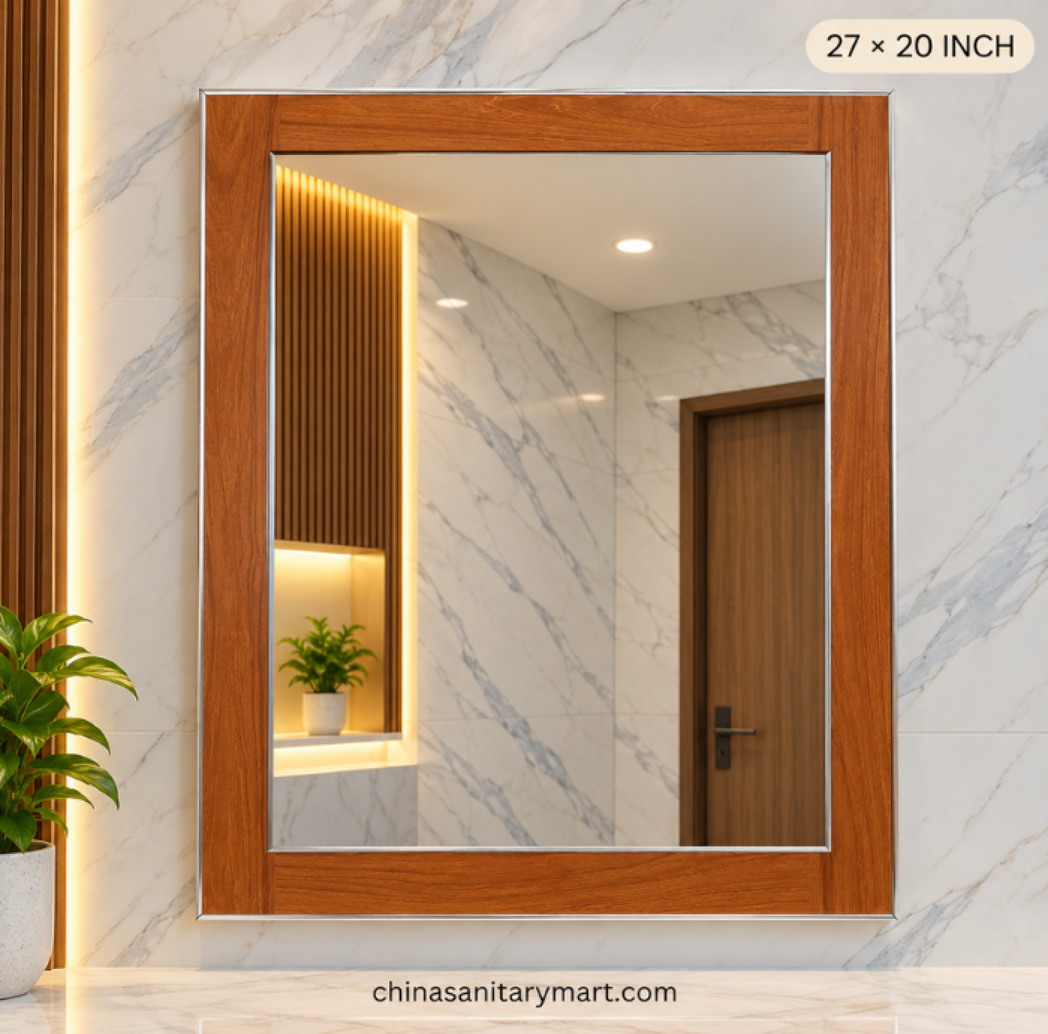 20x27 wooden texture mirror, silver frame rectangular mirror, wooden bathroom vanity mirror, wooden frame wall mirror, silver inner frame mirror, rectangular bathroom mirror