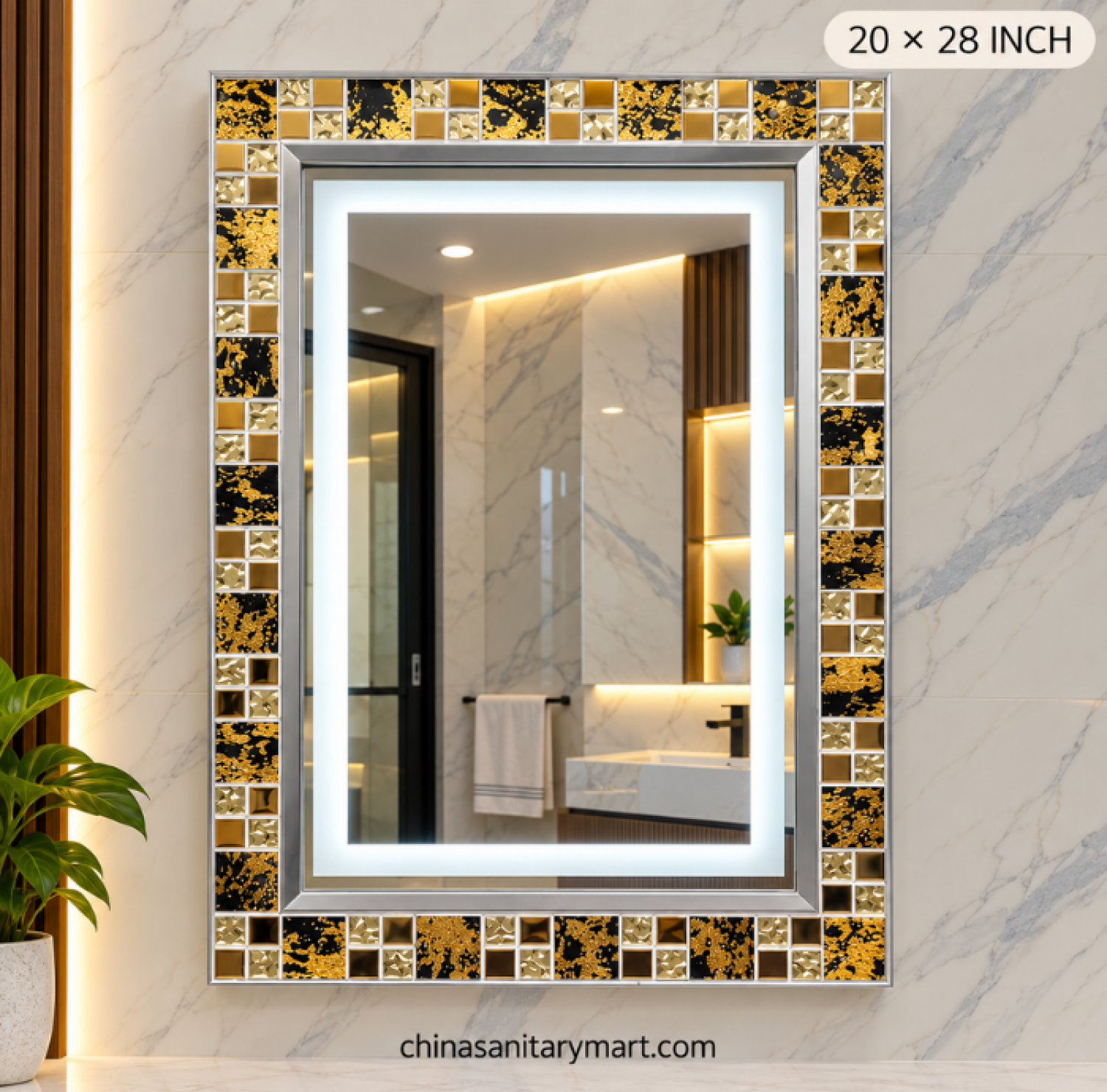 20x28 LED mirror, unique rectangle LED mirror, frosted inside mirror, silver frame bathroom mirror, decorative LED vanity mirror, gold black silver frame mirror