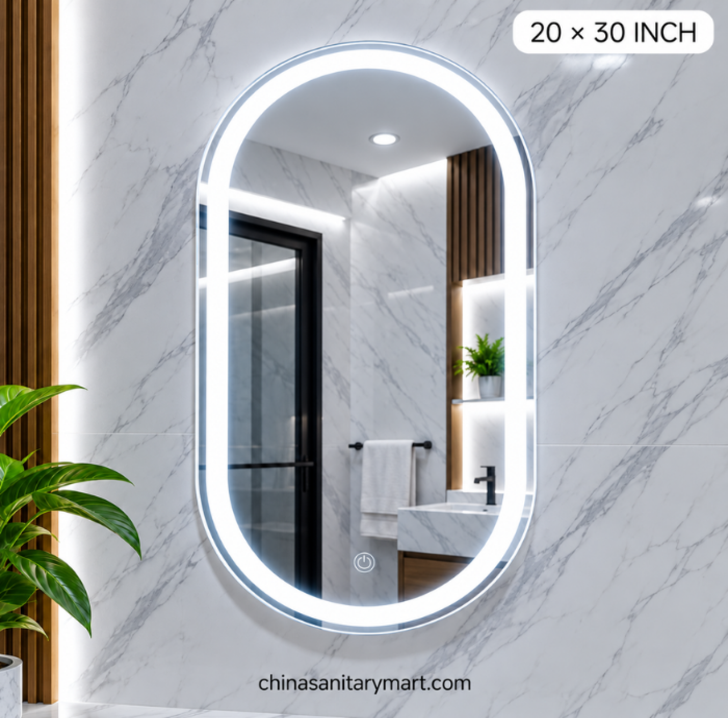 20x30 capsule LED mirror, capsule shape bathroom mirror, frosted inside LED mirror, LED vanity mirror, capsule wall mirror, modern illuminated bathroom mirror
