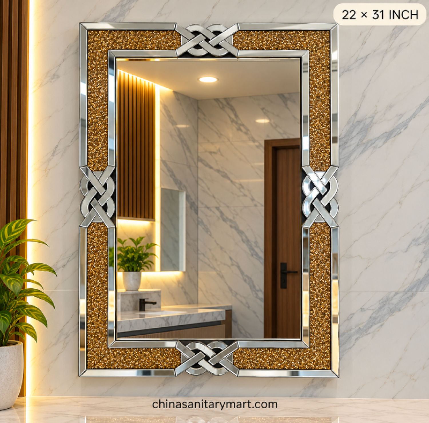 22x31 golden silver frame mirror, rectangular decorative wall mirror, golden textured border mirror, silver frame bathroom mirror, luxury vanity wall mirror