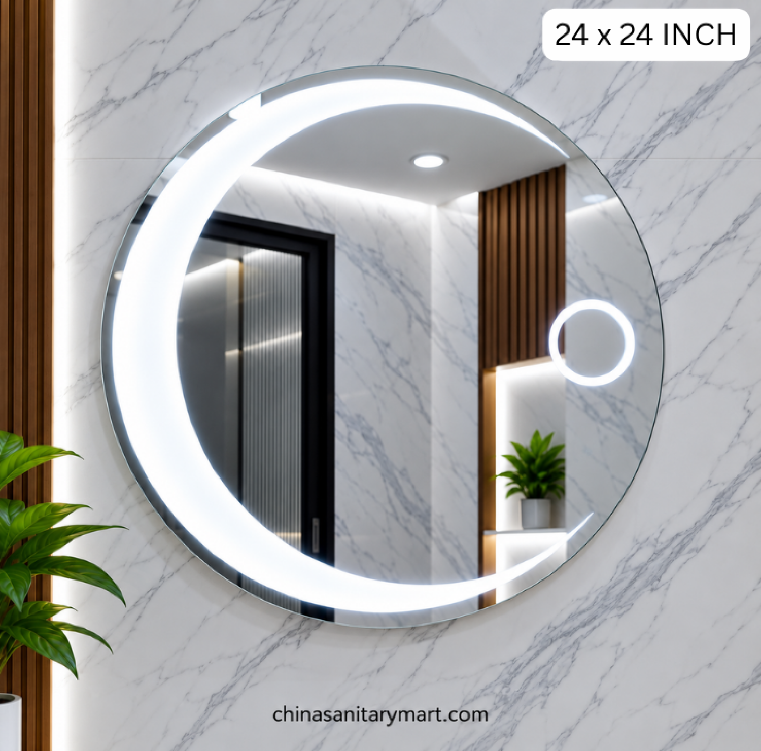 23x31 circular LED mirror, half moon frosted LED mirror, round bathroom mirror, circular vanity mirror, frosted LED wall mirror, designer LED bathroom mirror