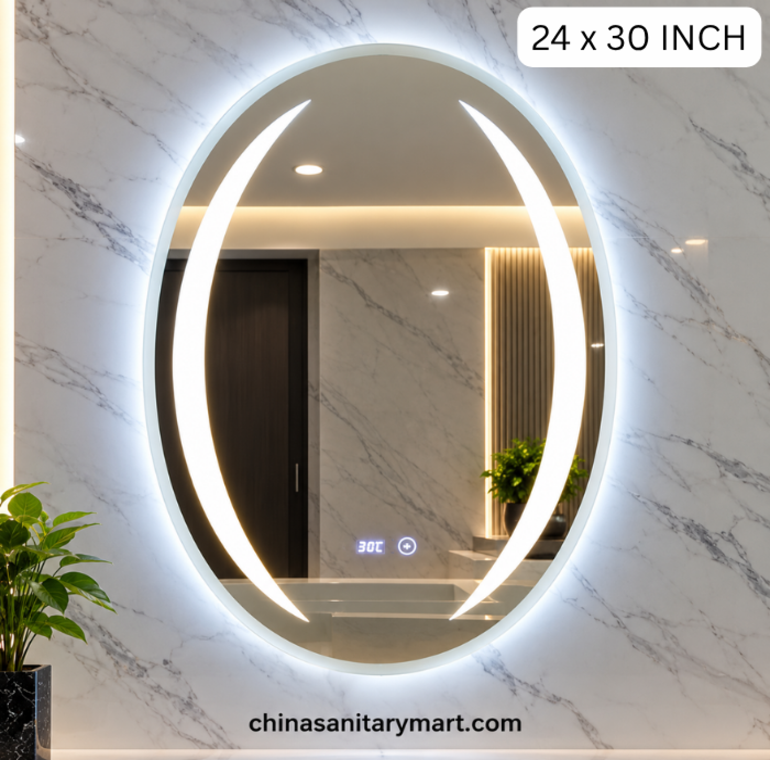 24x30 oval LED mirror, frosted edge bathroom mirror, unique bracket LED mirror, oval vanity mirror, digital display LED mirror, modern illuminated bathroom mirror