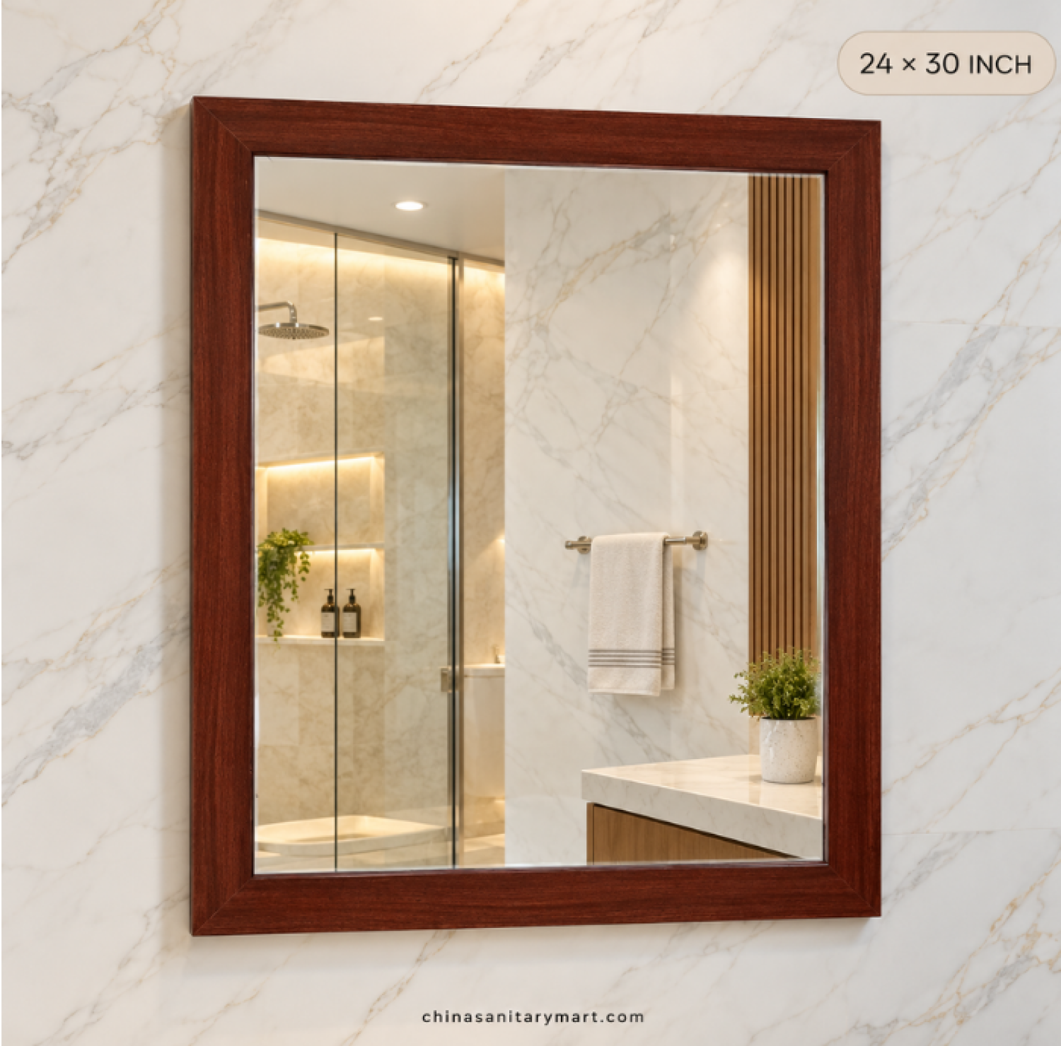 24x30 wooden texture mirror, brown wooden frame mirror, rectangle bathroom mirror, wooden texture wall mirror, rectangular vanity mirror, 24x30 inch frame mirror