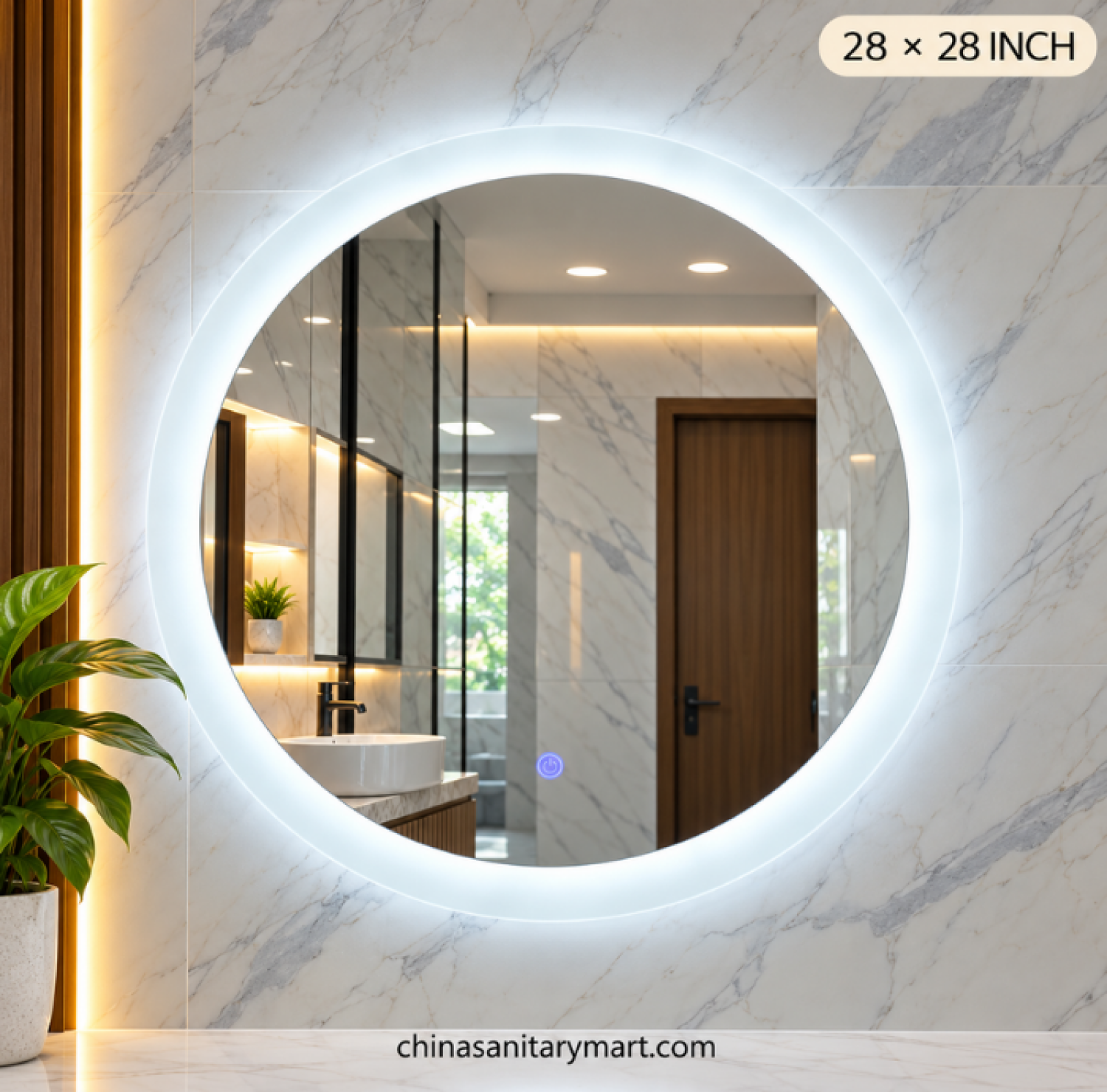 28x28 circular LED mirror, frosted edge bathroom mirror, round LED vanity mirror, circular wall mirror, frosted LED mirror, modern round bathroom mirror