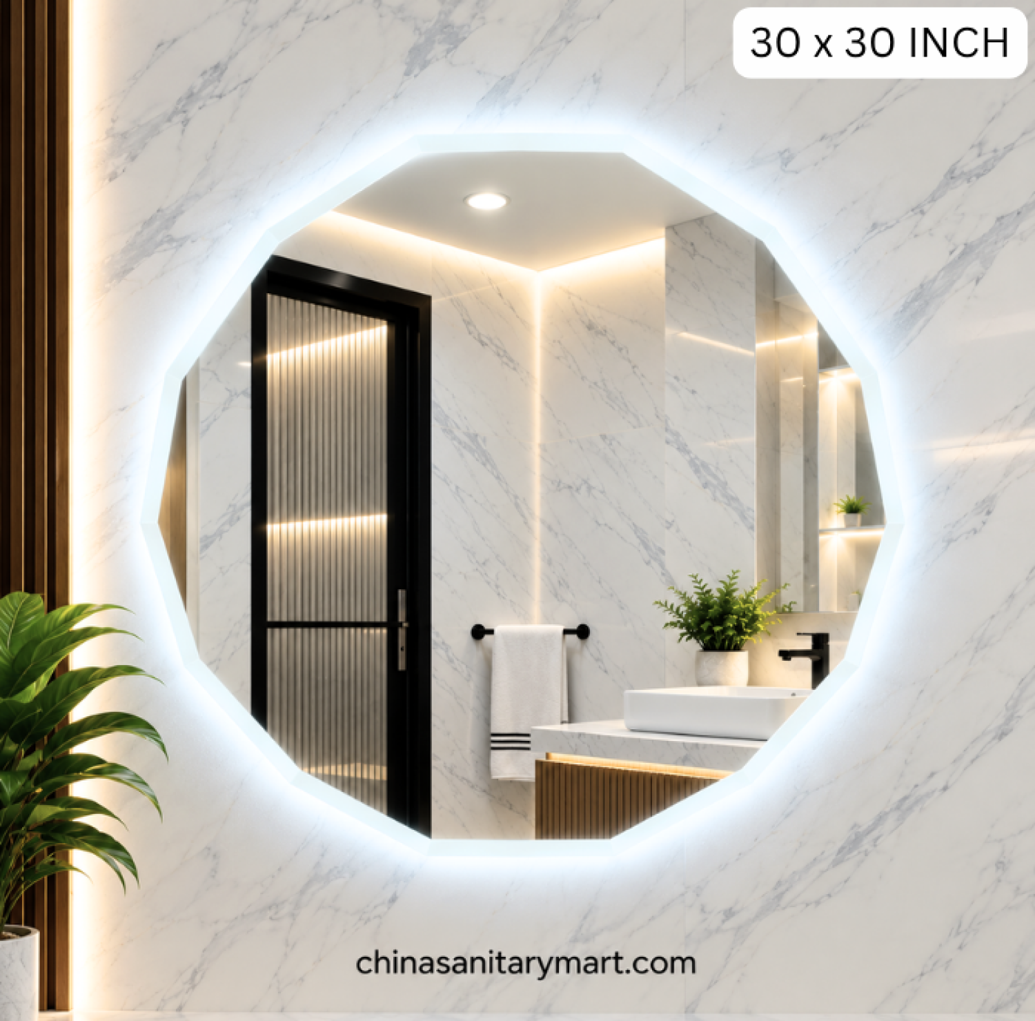 30x30 octagon LED mirror, modern octagon bathroom mirror, frosted edge LED mirror, octagon vanity mirror, geometric bathroom mirror, illuminated octagon mirror