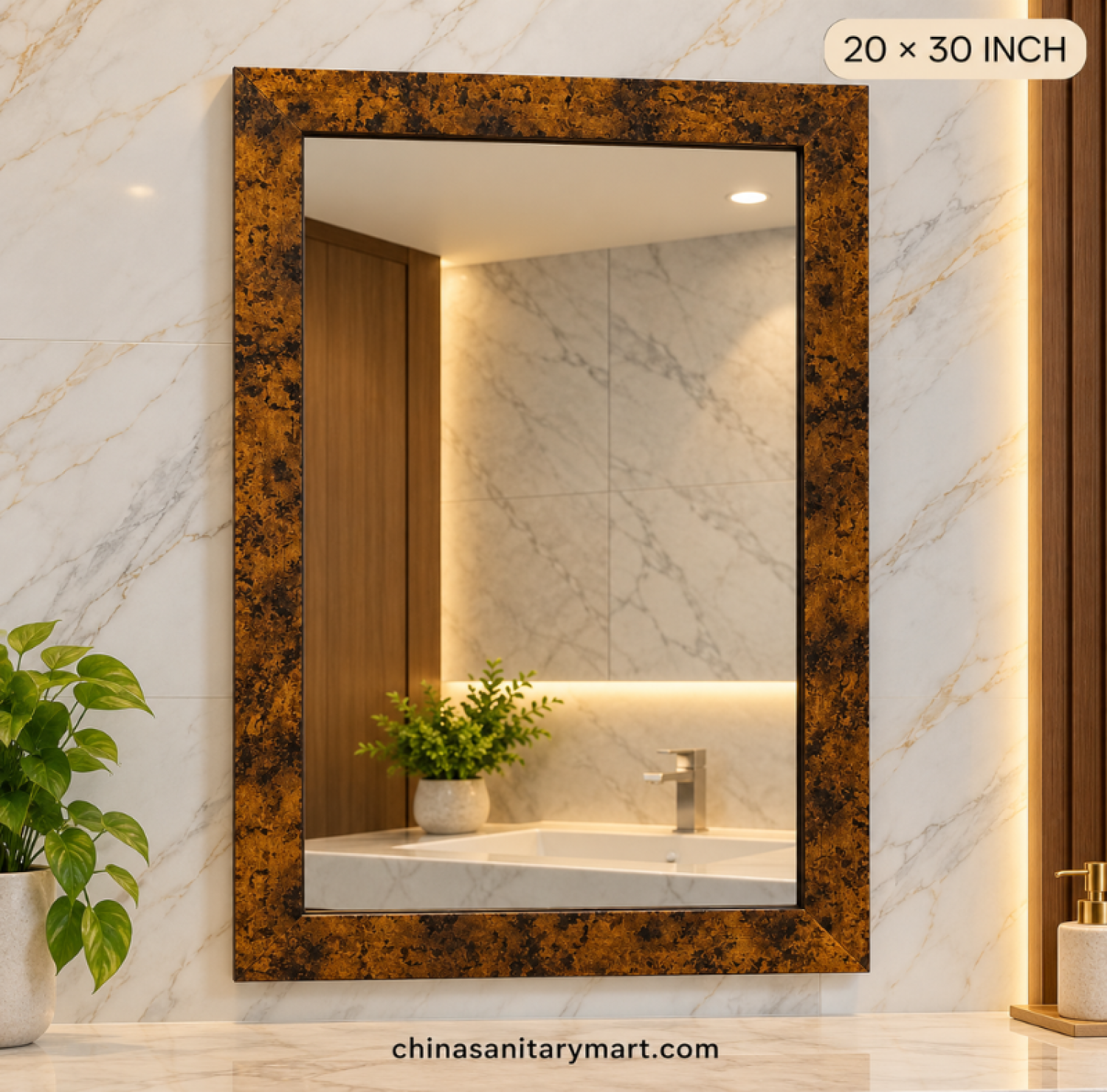 20x30 wooden texture mirror, rectangle frame bathroom mirror, wooden frame vanity mirror, brown wooden texture mirror, decorative rectangle wall mirror