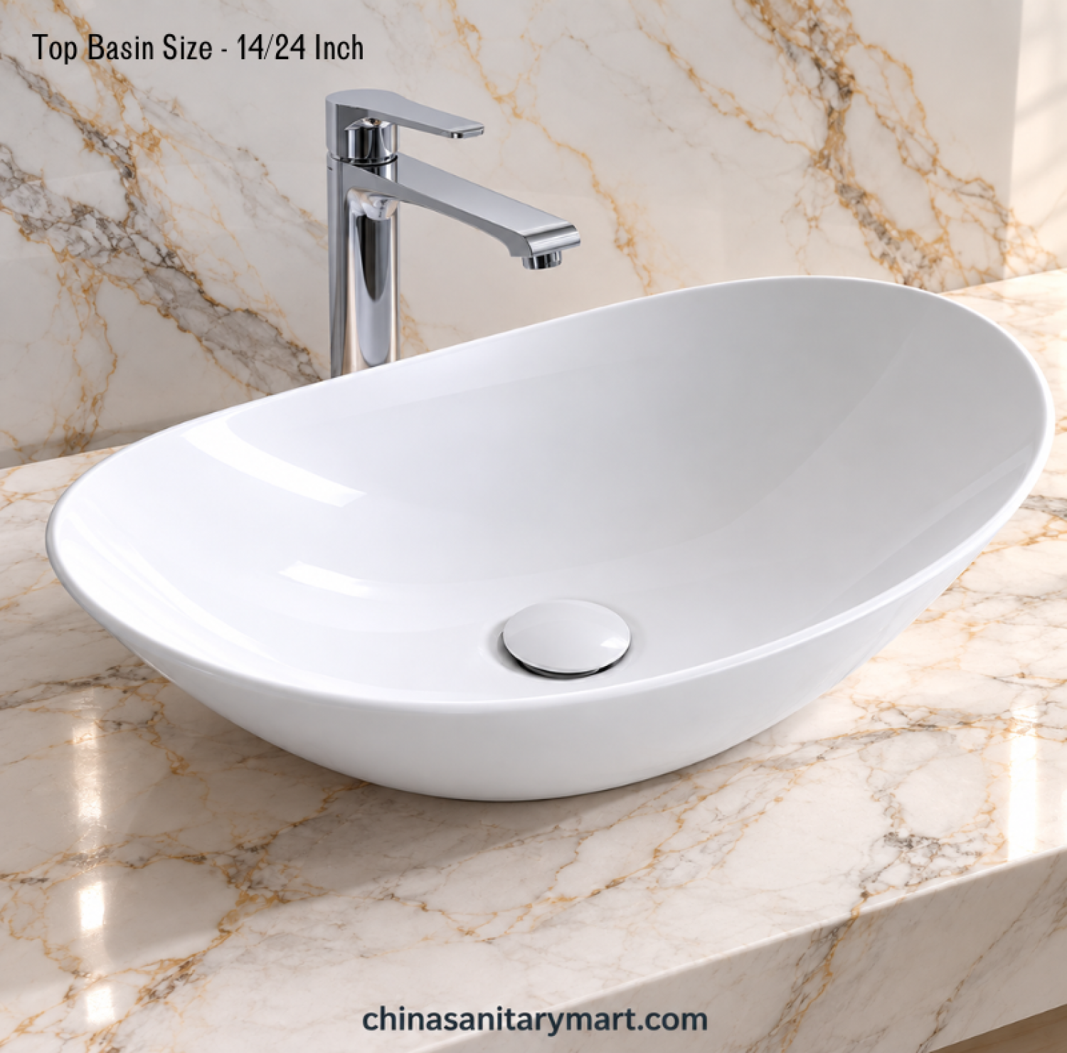 14x24 boat shape white top basin, glossy white countertop basin, elongated bathroom wash basin, modern white vanity basin, curved boat shape basin