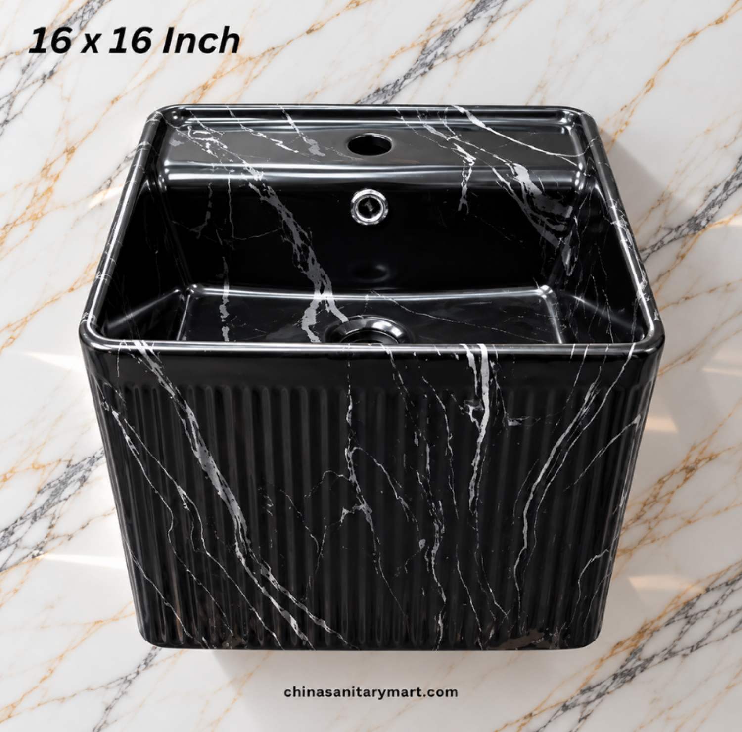 IS-WB003MA 16×16 Inch Matte Black Marble Shed Square Shape Top Basin featuring a premium ceramic body, matte black marble finish with white veining