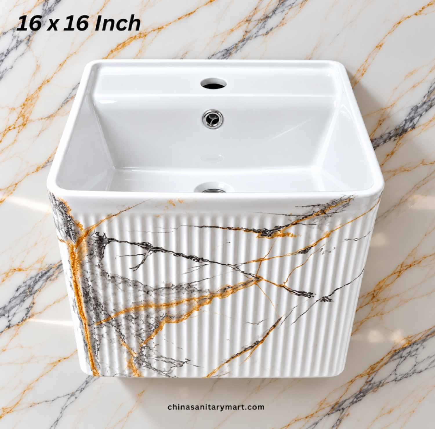 UC 16x16 white marble shed Wall Hung basin, square shape bathroom basin, white basin with gold grey veining, fluted exterior Wall Hung basin, designer square vanity basin