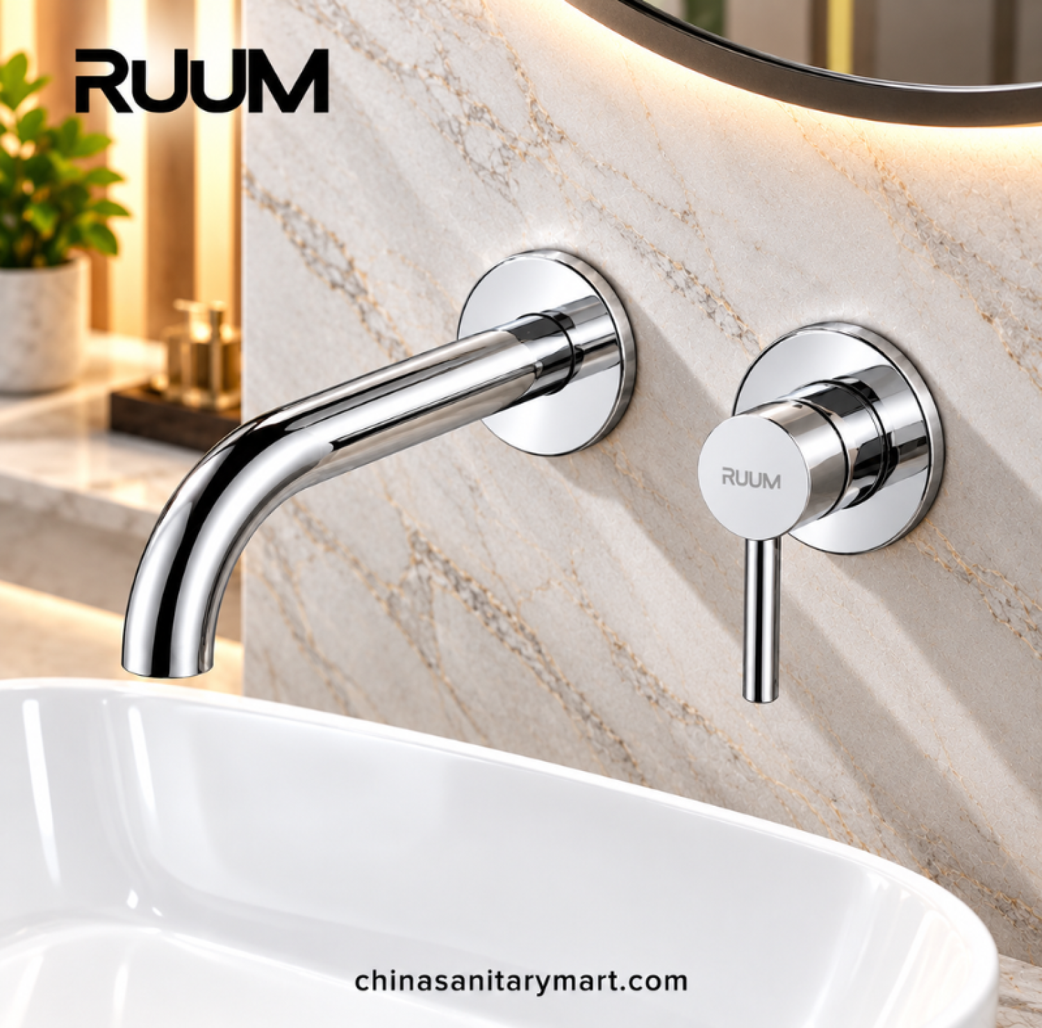 RUUM wall mount swivel basin mixer CP, chrome wall mounted basin faucet, curved spout bathroom mixer, single lever chrome basin tap, modern bathroom faucet
