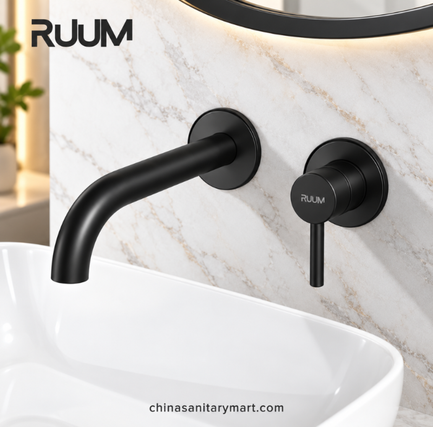 RUUM wall mount swivel basin mixer black, matte black wall mounted basin faucet, curved spout black basin tap, single lever bathroom mixer, modern black bathroom faucet