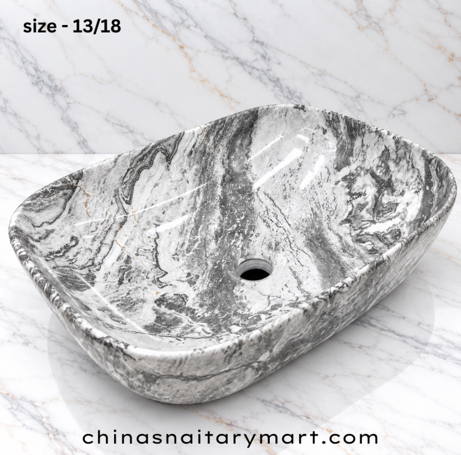 13x18 inch grey and white top basin, grey marble style wash basin, glossy countertop basin, grey white veined bathroom basin, rectangular oval designer basin