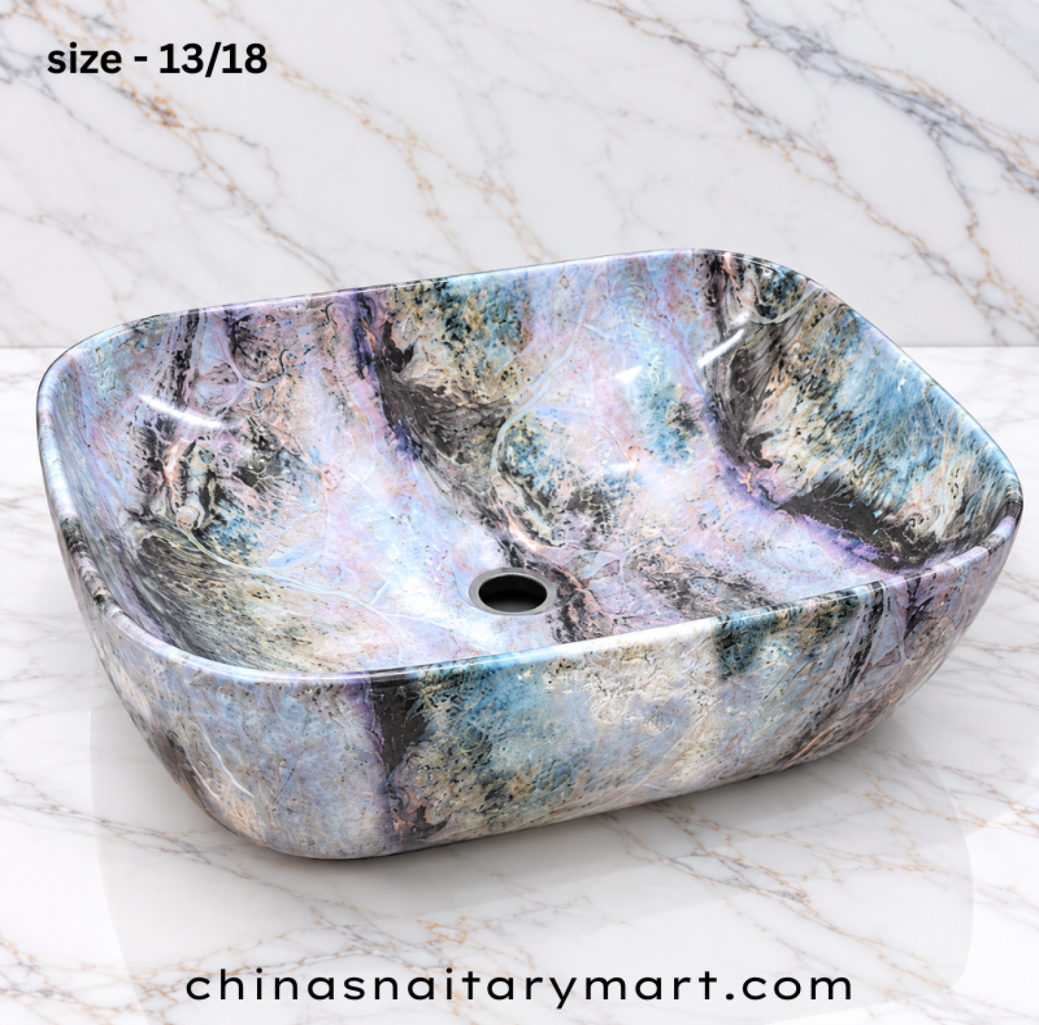 13x18 inch artistic top basin, multicolour marble print wash basin, blue lavender pink countertop basin, glossy designer bathroom basin, rounded rectangular top basin