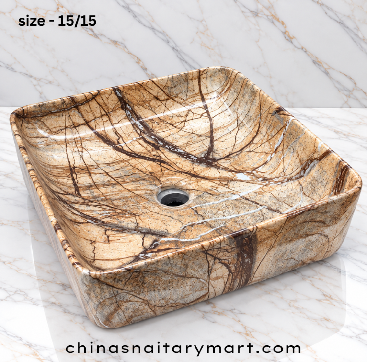 15x15 inch golden brown top basin, square marble print wash basin, beige cream brown countertop basin, glossy designer bathroom basin, artistic marble style square basin