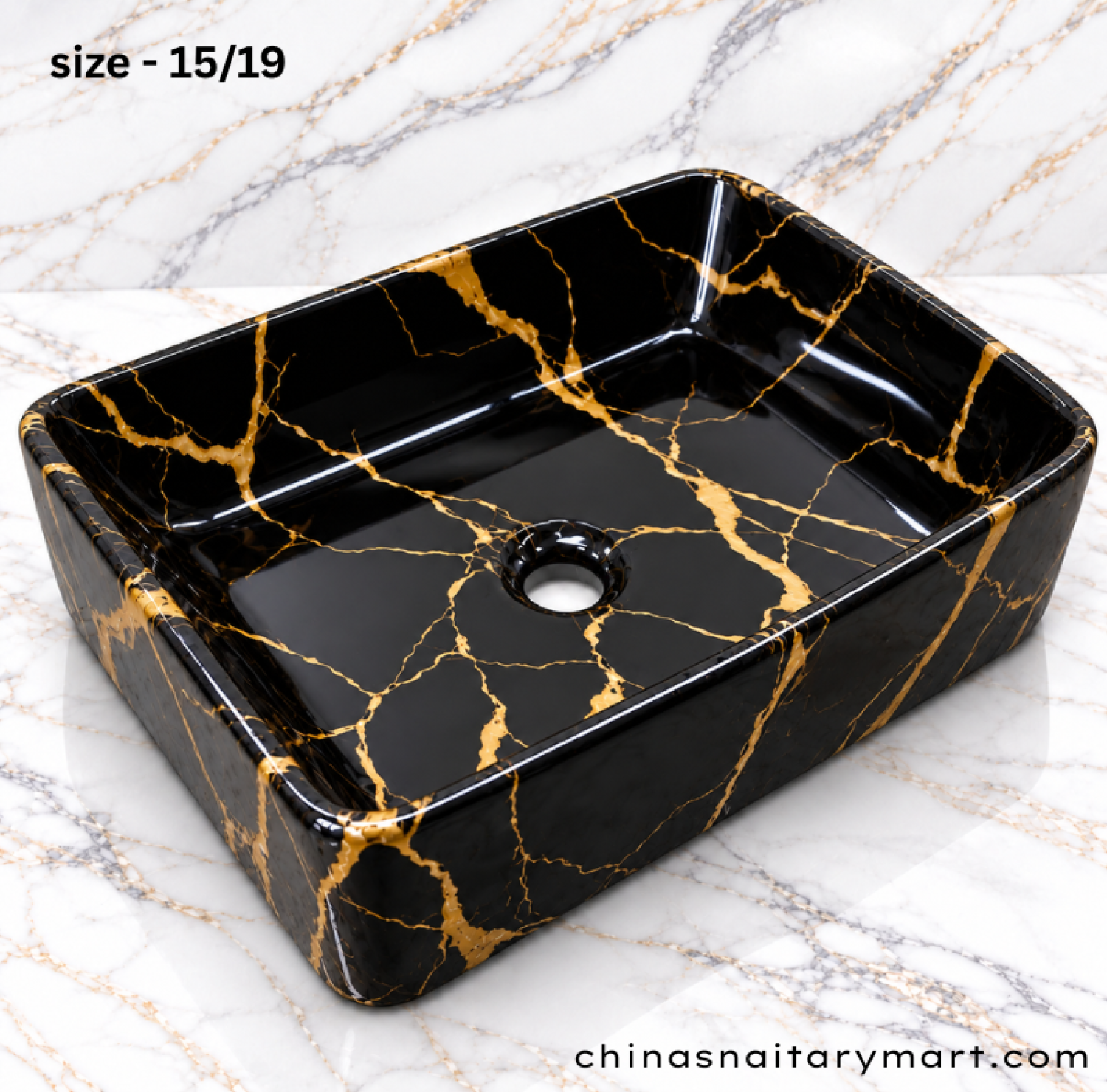 15x19 inch black gold top basin, rectangular black marble print wash basin, golden vein countertop basin, glossy black designer bathroom basin, luxury black and gold wash basin