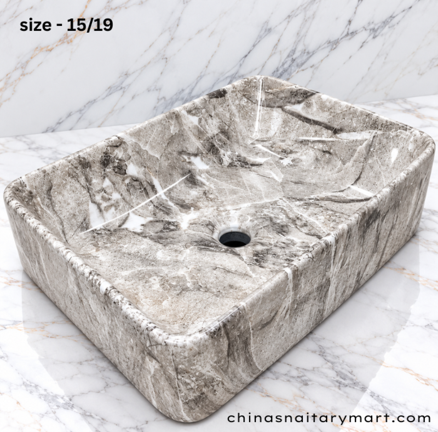 15x19 inch grey marble shed top basin, rectangular grey marble wash basin, glossy grey patterned countertop basin, grey white taupe designer basin, modern bathroom top basin