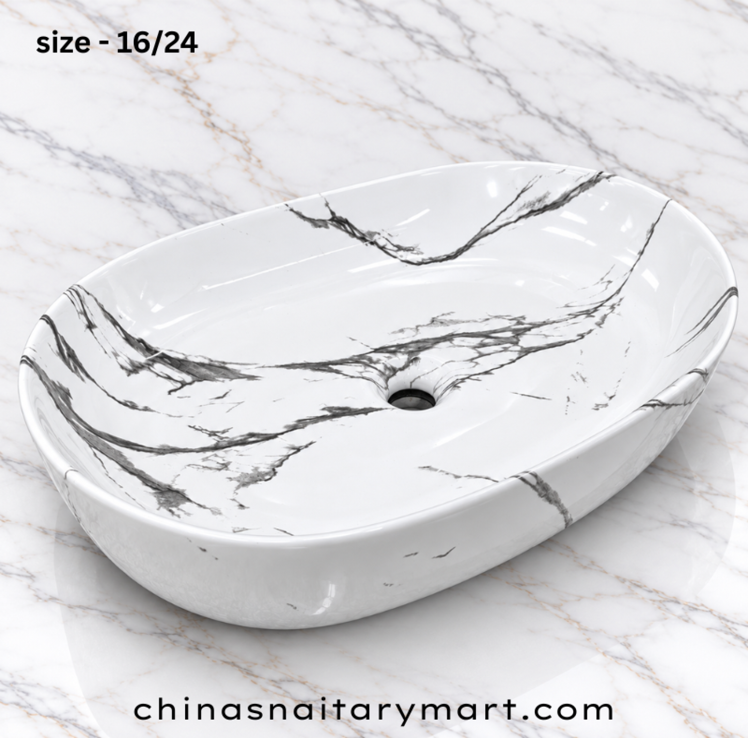 16x24 inch white marble shed top basin, capsule shape white wash basin, black grey marble vein countertop basin, glossy oval designer basin, modern bathroom top basin