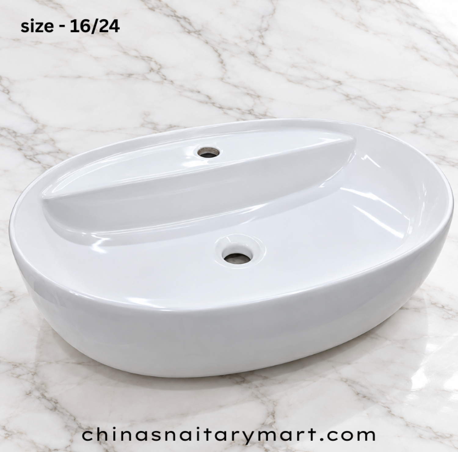 ORI-2301A 16x24 inch white top basin, glossy white oval wash basin, elongated countertop basin, raised rear platform basin, modern white bathroom vanity basin