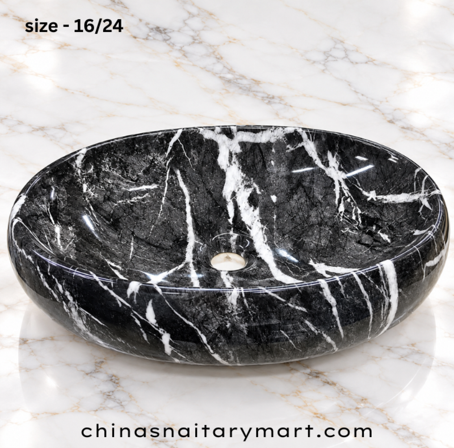 ORI-M396-6 16x24 inch black marble top basin, black oval marble wash basin, black and white marble shed basin, glossy black countertop basin, designer oval bathroom basin