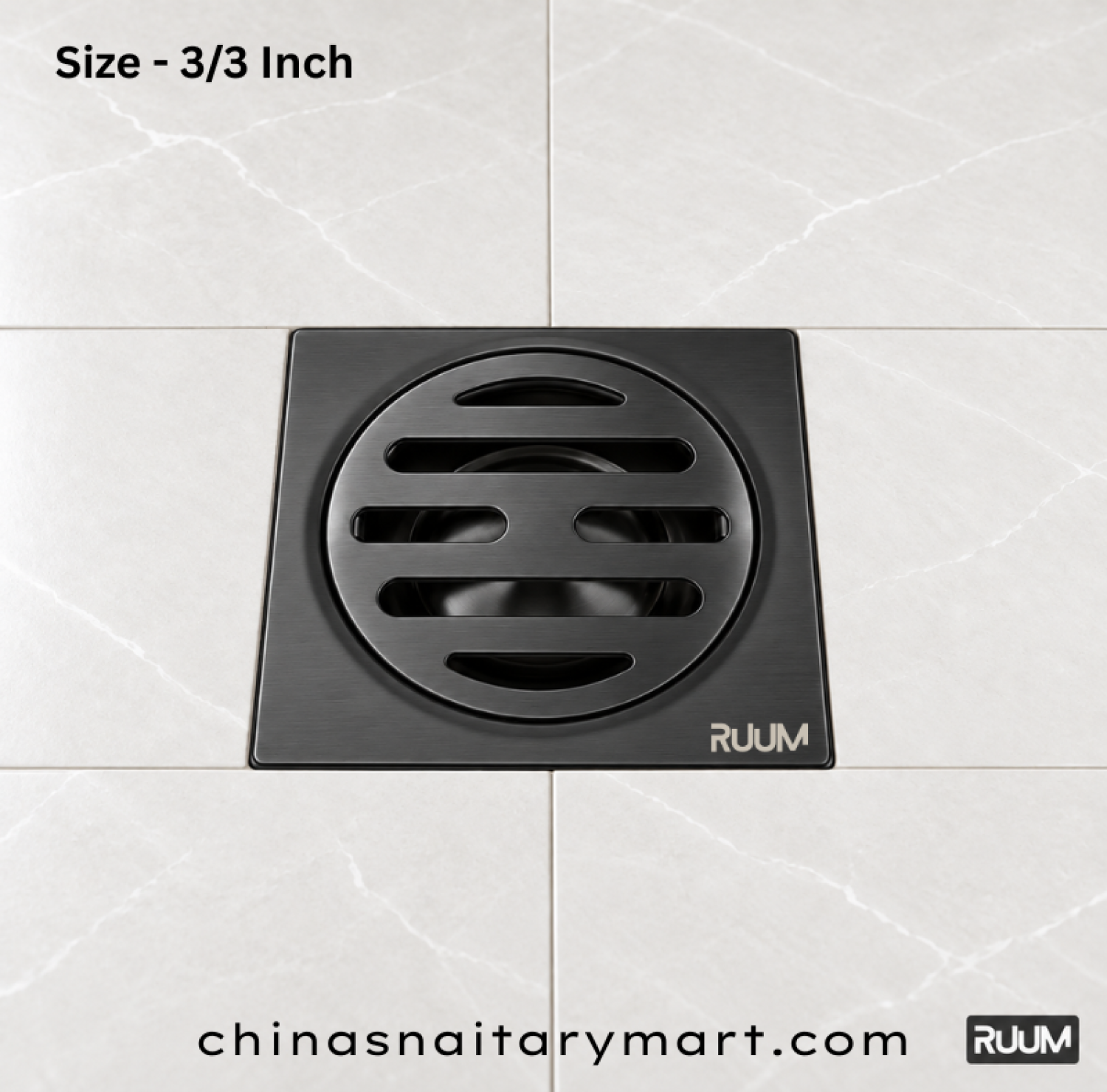 RUUM 3x3 inch black floor drain, black square bathroom drain, 75x75 mm floor drain, circular slotted drain cover, modern black shower drain