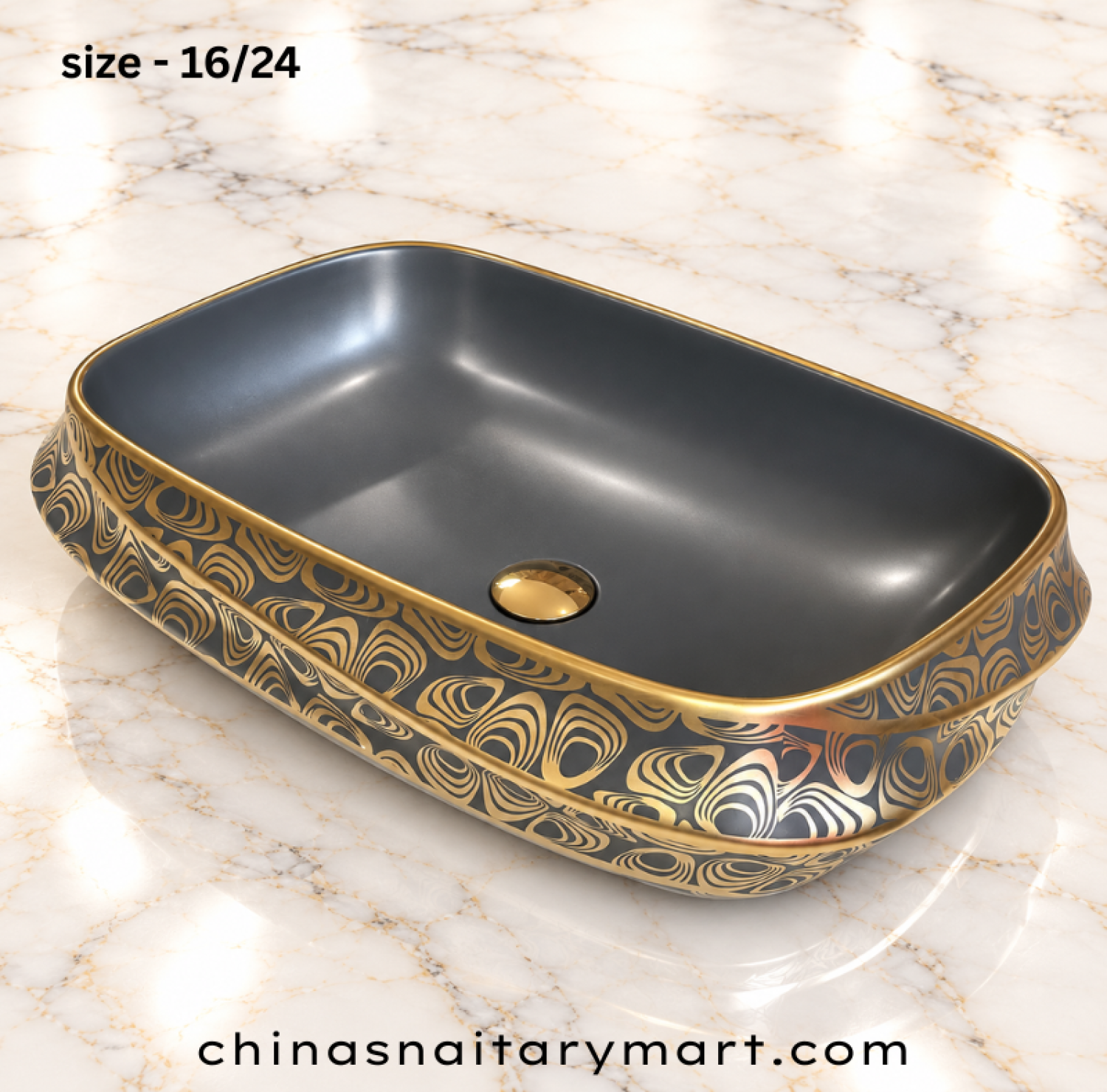 16x24 inch grey and gold top basin, rectangular grey wash basin, gold and black patterned basin, luxury designer countertop basin, grey basin with gold rim
