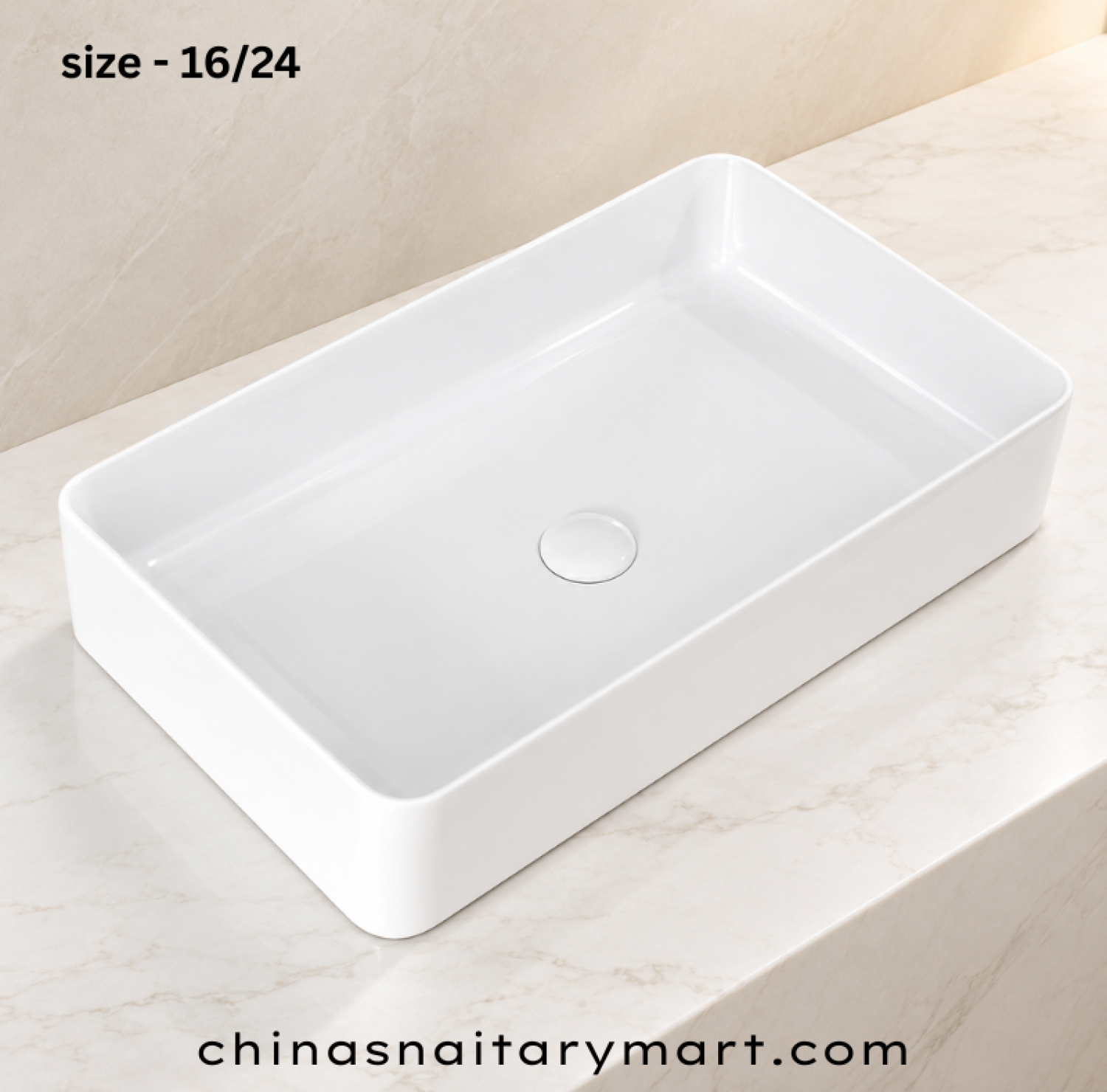 IS-A3068 16 × 24 Inch White Marble Top Basin with premium ceramic construction, glossy white finish, rectangular countertop design, spacious wash bowl, scratch-resistant surface, and modern luxury bathroom for residential and commercial use.