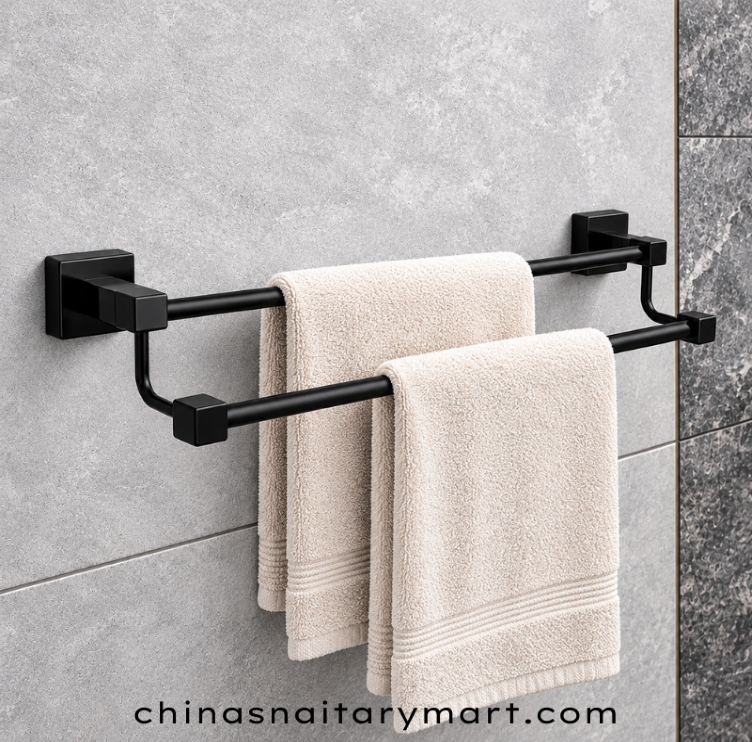 black double rail towel rack, wall mounted black towel holder, two bar bathroom towel rack, modern black towel rack with square brackets