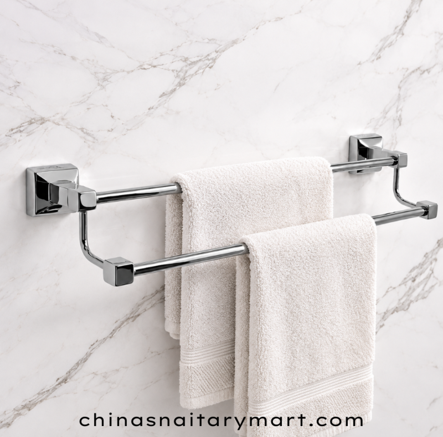 CP double rail towel rack, chrome plated double towel holder, wall mounted chrome towel rack, double bar bathroom towel holder, square bracket towel rack