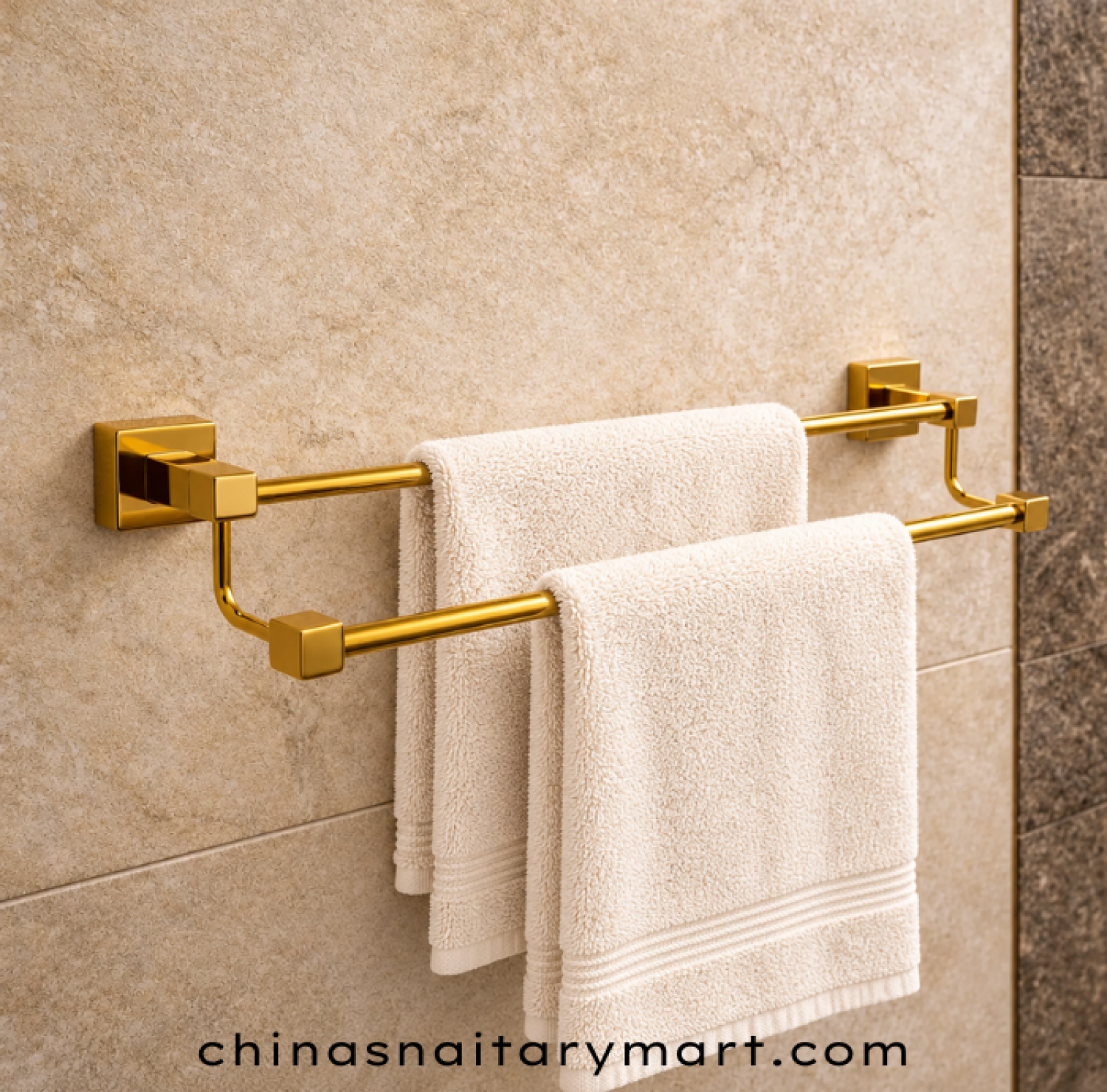 golden double rail towel rack, gold wall mounted towel holder, double bar golden bathroom rack, luxury golden towel rack with square brackets