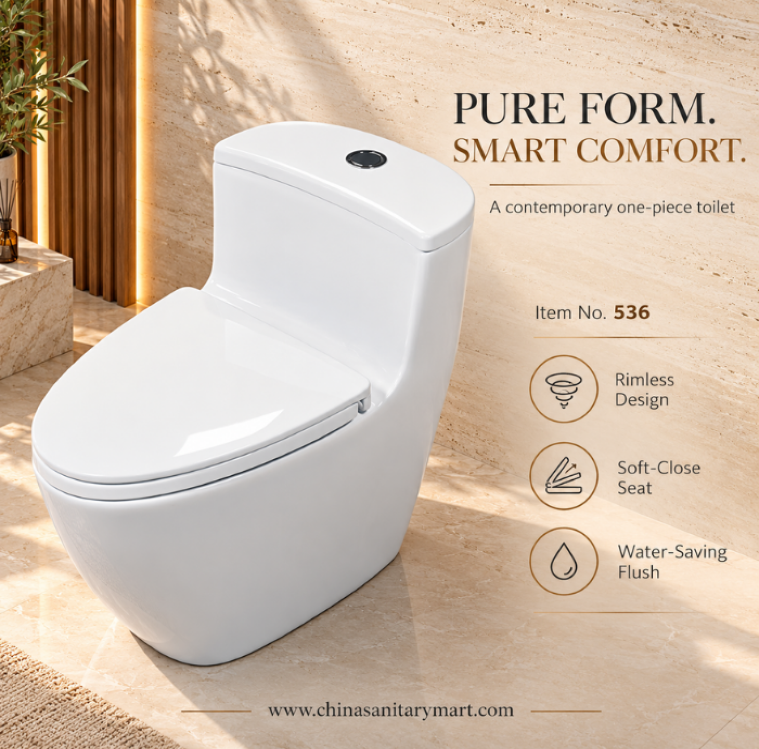 W-536 one piece commode, glossy white ceramic toilet, rimless one piece toilet, soft close commode seat, water saving toilet Bangladesh