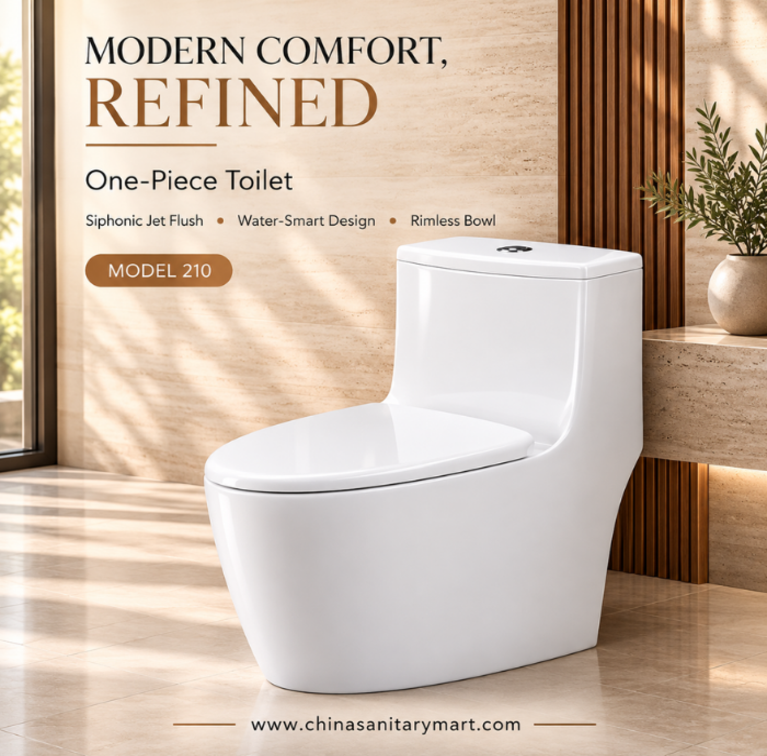 W-210 one piece commode, glossy white siphonic jet flush toilet, rimless floor mounted toilet, soft close toilet seat, modern water saving commode Bangladesh