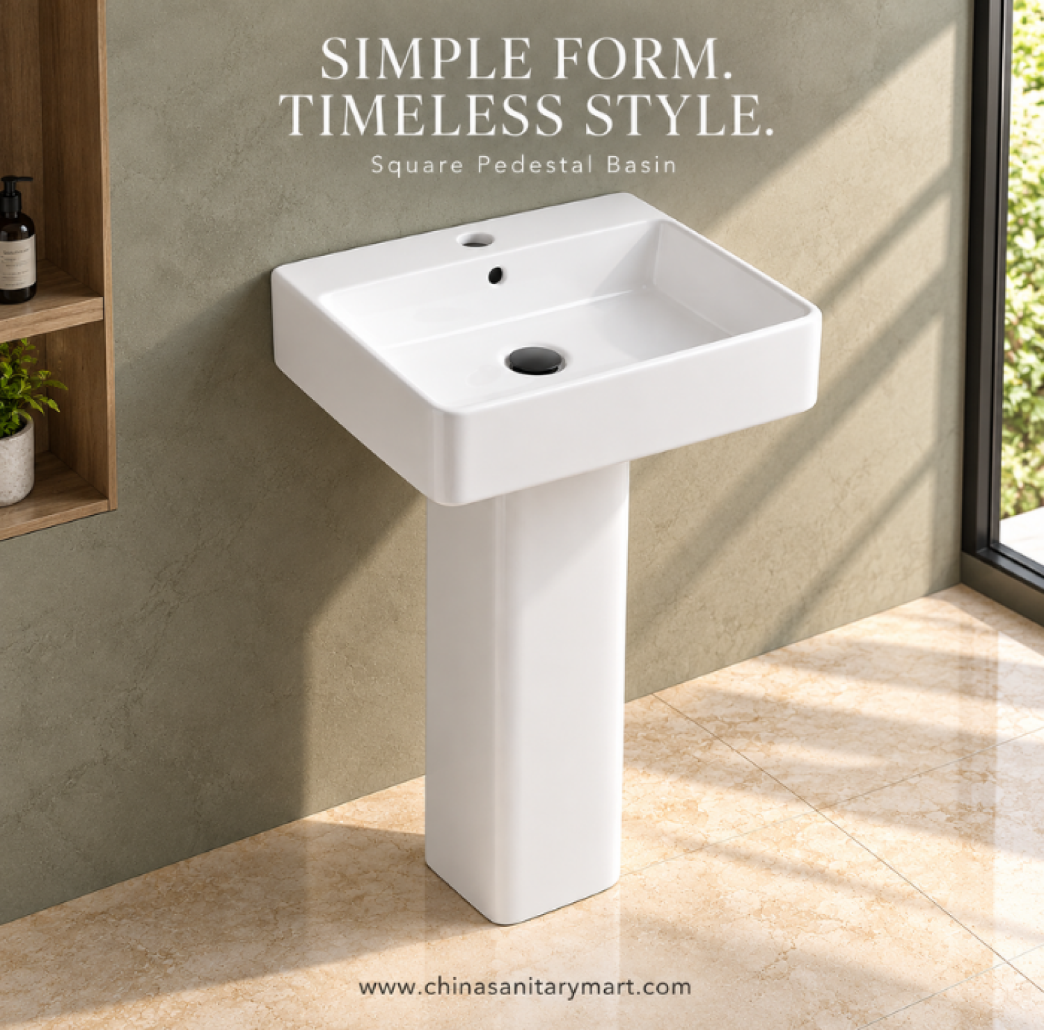 16x16 inch W-Model pedestal basin, square white ceramic wash basin, glossy white pedestal sink, modern square bathroom basin, white floor standing wash basin