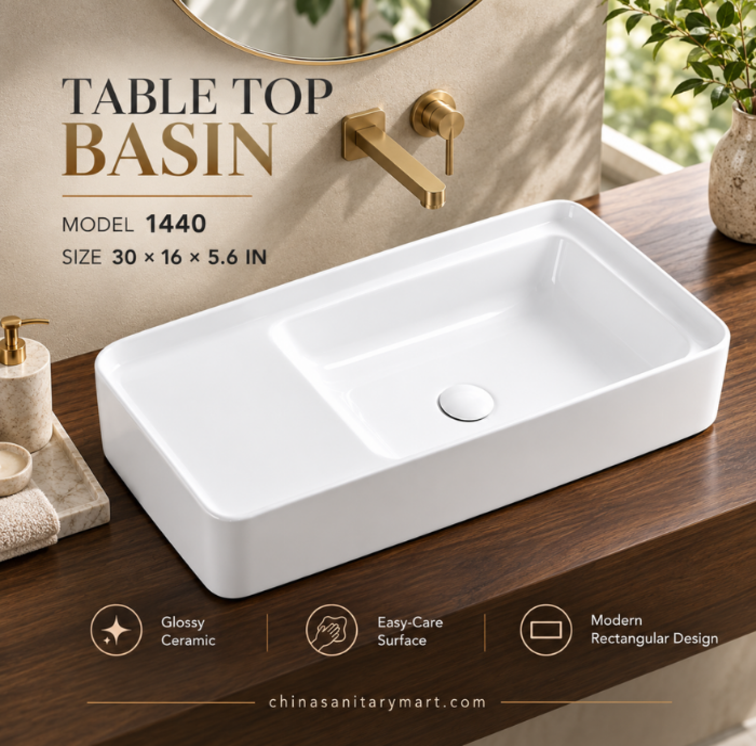 W-1440 white ceramic table top basin, 30x16x5.6 inch wash basin, large white countertop basin, modern ceramic vanity basin, bathroom wash basin Bangladesh