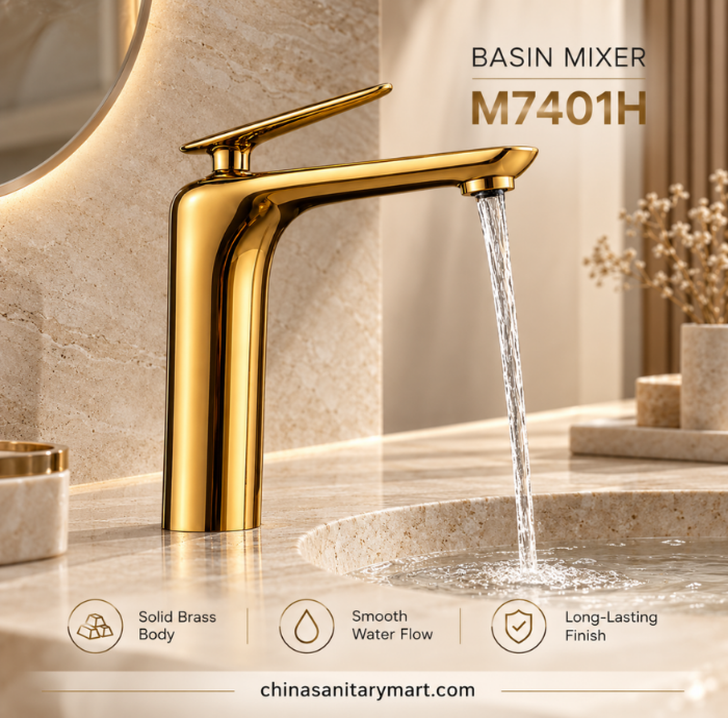 12 inch W-M7401H glossy gold solid brass basin mixer, gold bathroom basin tap, premium brass basin faucet, glossy gold bathroom fitting, modern gold basin mixer Bangladesh