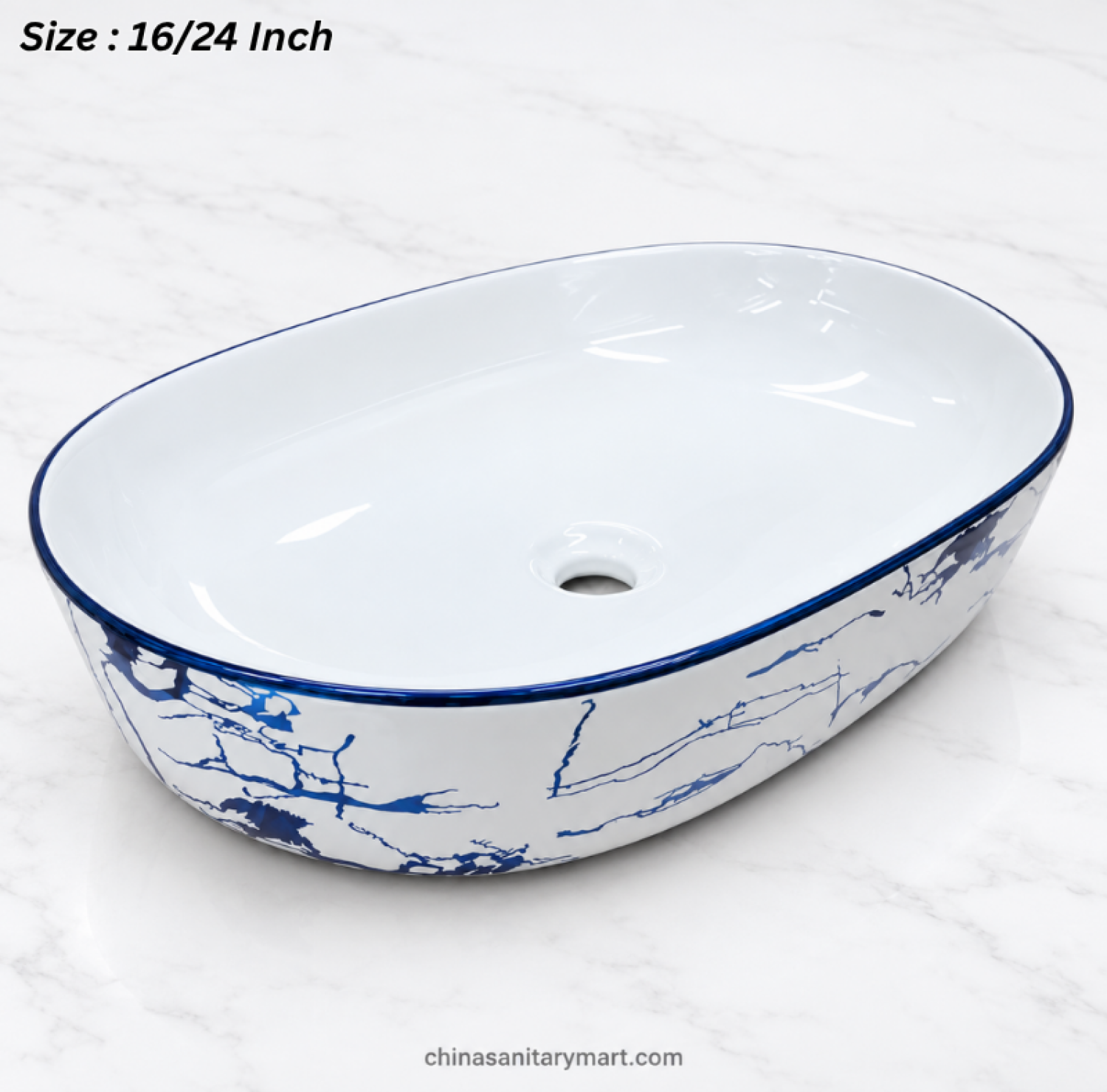 A084GE blue marble design art basin, 16×24 inch oval basin, white basin with blue marble pattern, blue rim countertop basin, designer bathroom wash basin