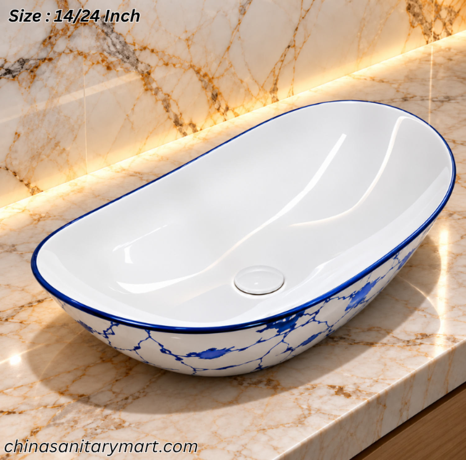 A888GBA blue marble design art basin, 14×24 inch oval wash basin, white basin with blue marble pattern, blue rim countertop basin, designer bathroom basin Bangladesh