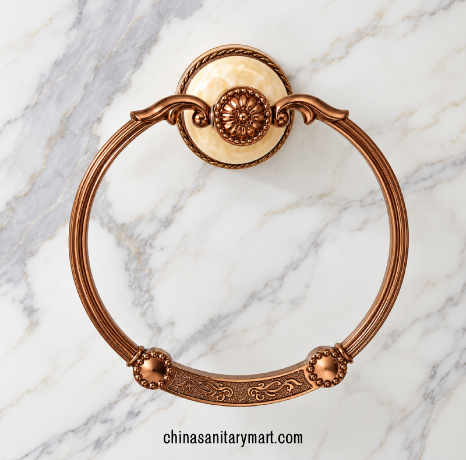 ivory marble towel ring rose golden, rose gold circular towel holder, decorative marble effect towel ring, ornamental bathroom towel holder, luxury rose golden bathroom accessory