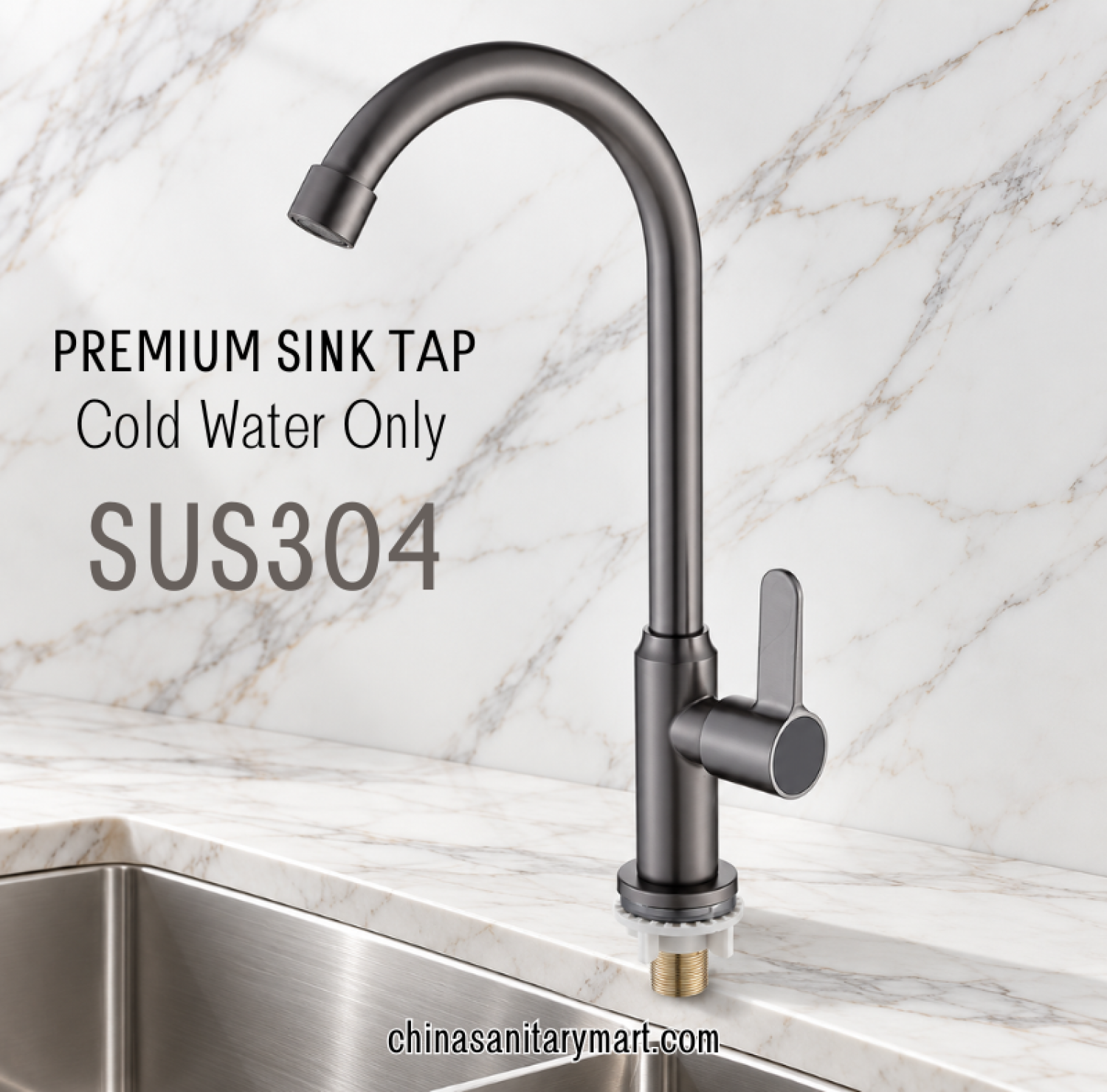 premium SUS304 sink tap, dark grey cold water kitchen faucet, stainless steel kitchen sink tap, single lever sink faucet, modern curved spout kitchen tap