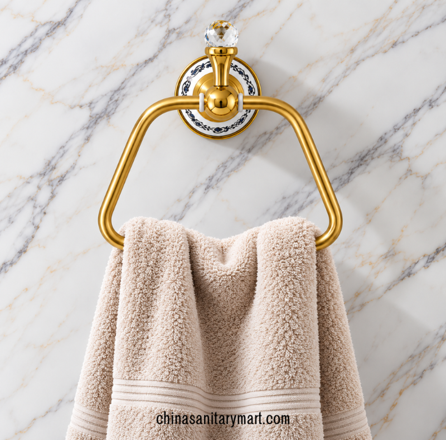 white marble and stone golden towel ring, decorative gold towel holder, triangular golden bathroom towel ring, marble base towel ring, luxury bathroom towel accessory