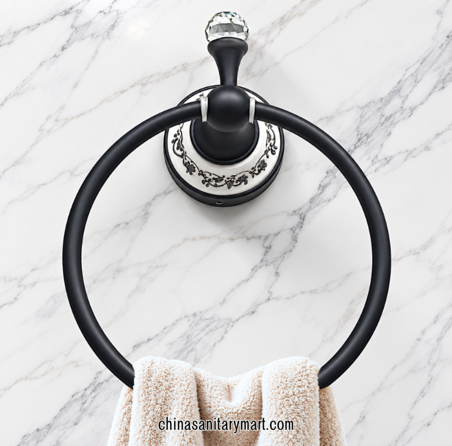white marble and stone black towel ring, decorative black bathroom towel holder, circular black towel ring, ornamental marble-style towel ring, black hand towel holder