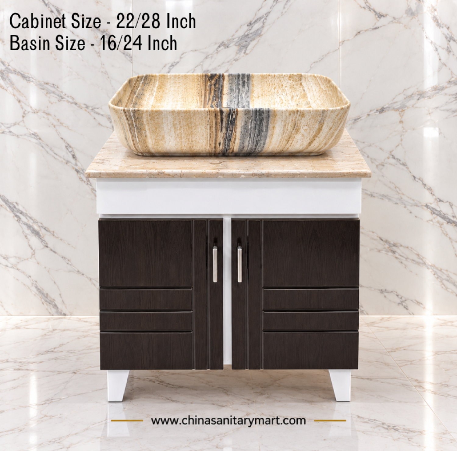 22x28 inch bathroom cabinet with 16x24 inch ivory marble shed Counter Basin, dark wood vanity cabinet, beige grey marble pattern basin, bathroom vanity set Bangladesh