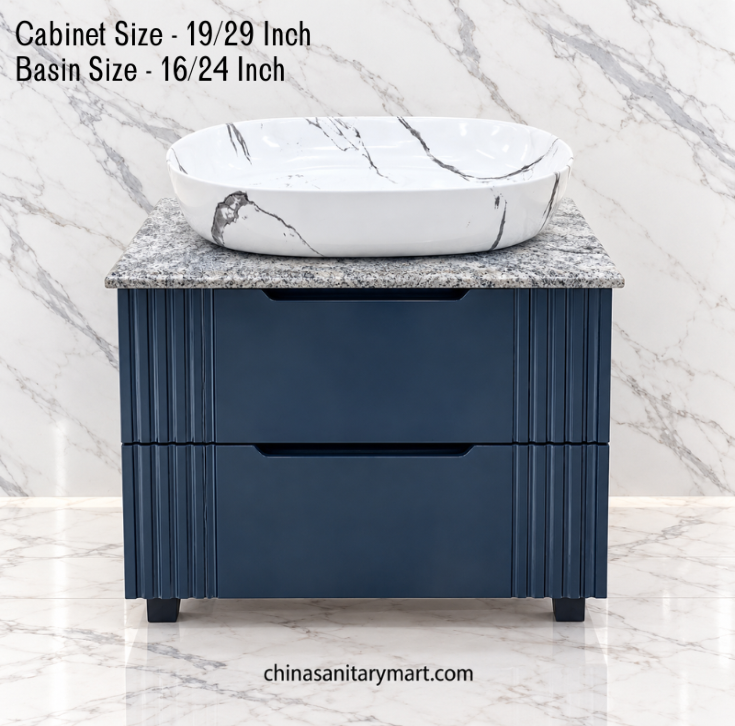 19x29 inch deep blue bathroom cabinet with 16x24 inch white marble shed Counter Basin, blue vanity cabinet, white basin with grey black veining, modern bathroom vanity set