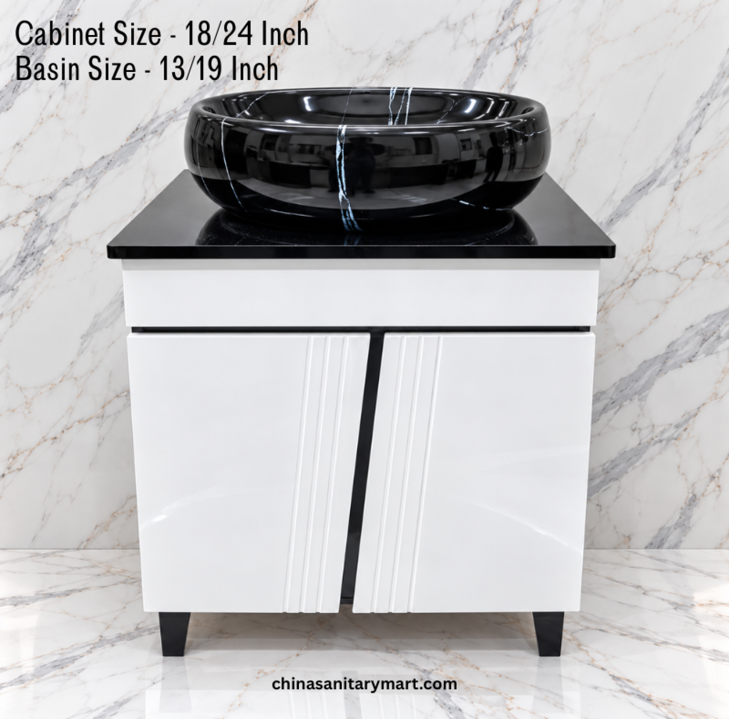 18x24 inch black and white bathroom cabinet with black marble shed Counter Basin, 13x19 inch black oval basin, modern white vanity cabinet, black countertop bathroom vanity, customizable bathroom cabinet Bangladesh