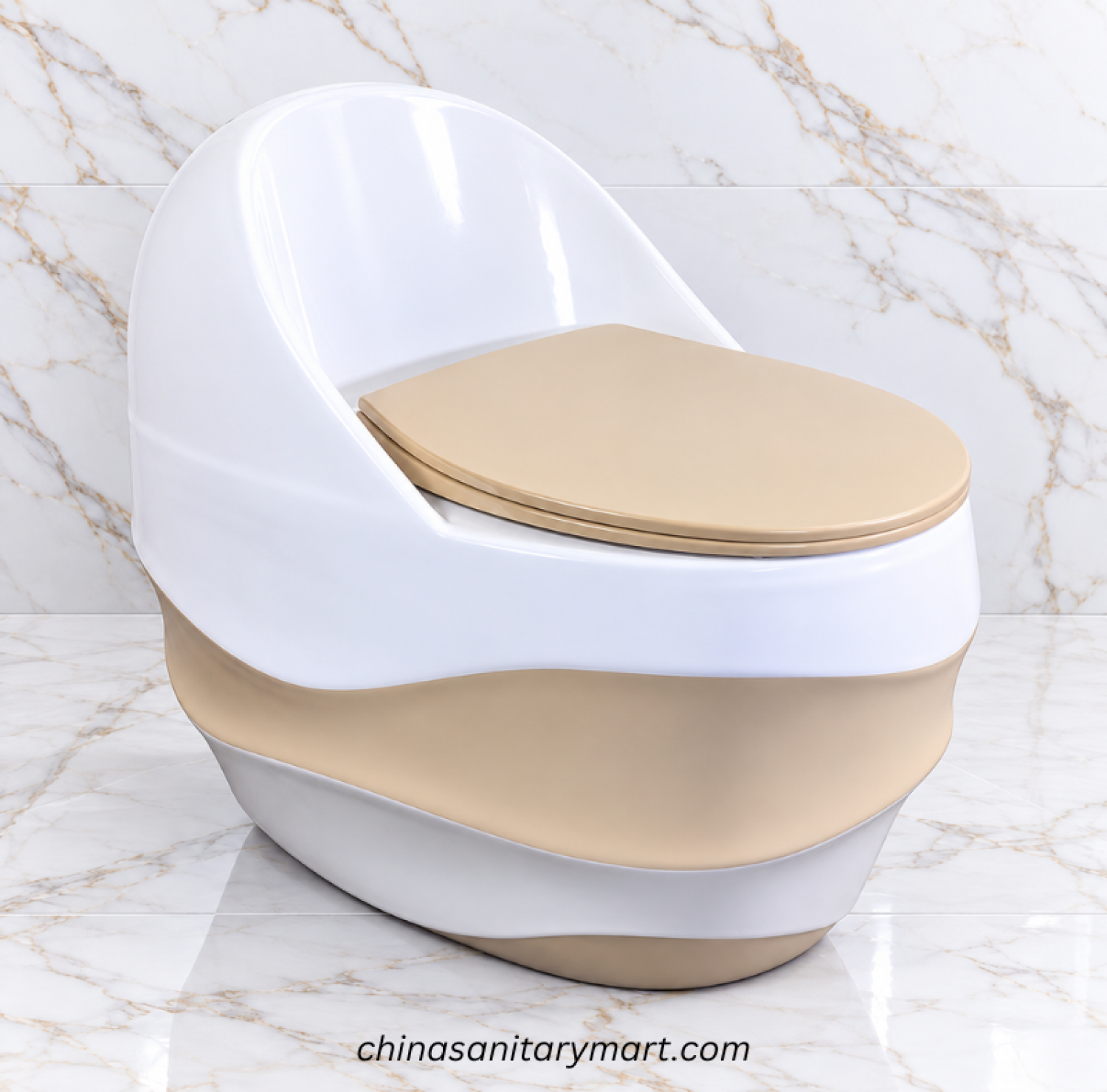 Ori-3048HK white and beige wave D commode, modern two tone toilet, beige seat cover commode, curved designer toilet, white bathroom commode with beige accent