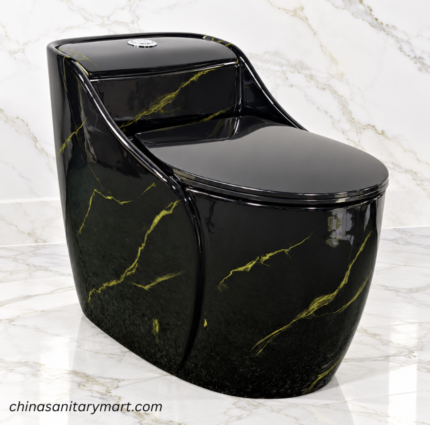 Ori-7986BM black marble shed commode, glossy black one piece toilet with golden veining, black and gold designer commode, modern black bathroom toilet, marble-style black commode Bangladesh